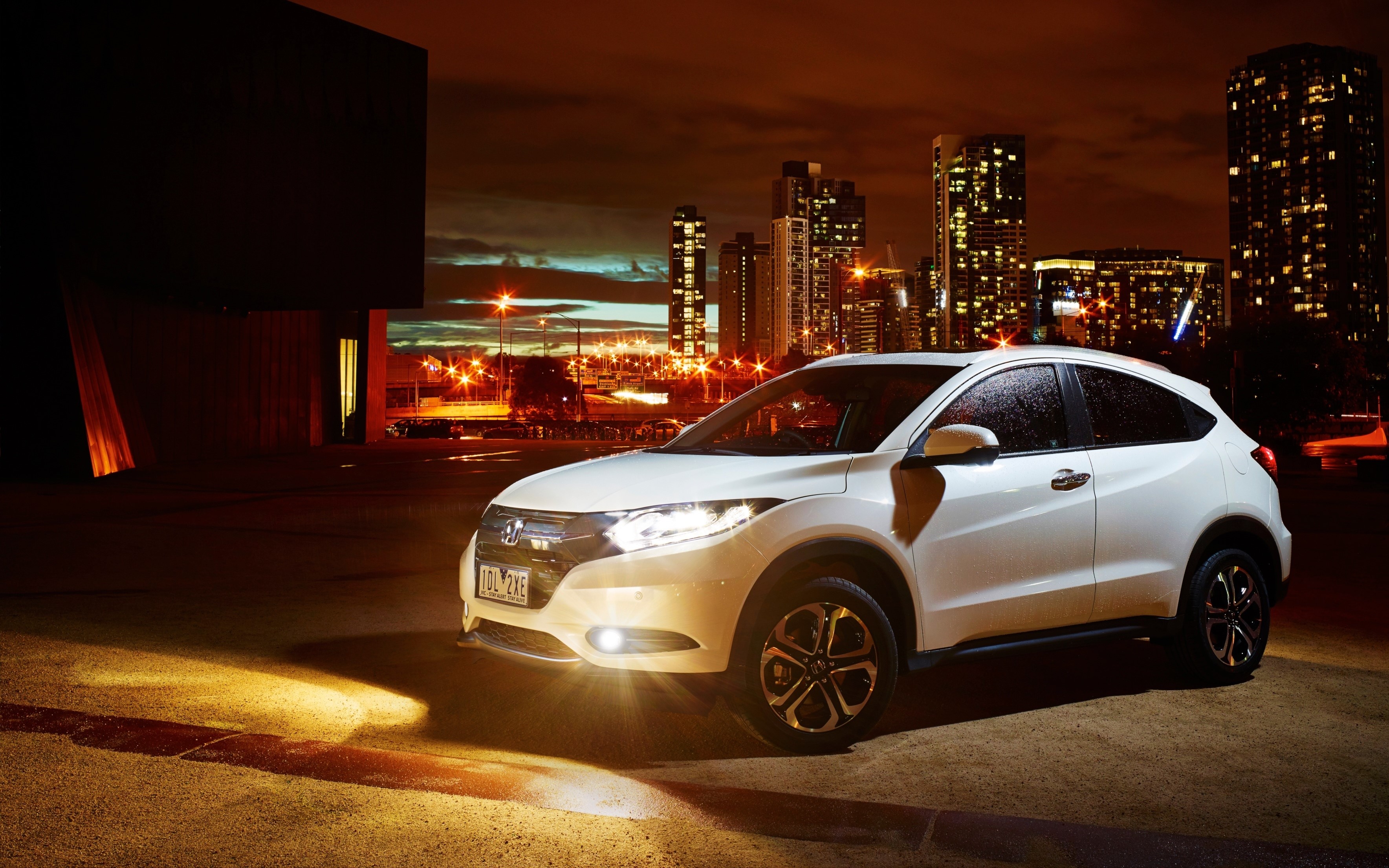 White 2015 Honda HR-V in city at night HD Wallpaper