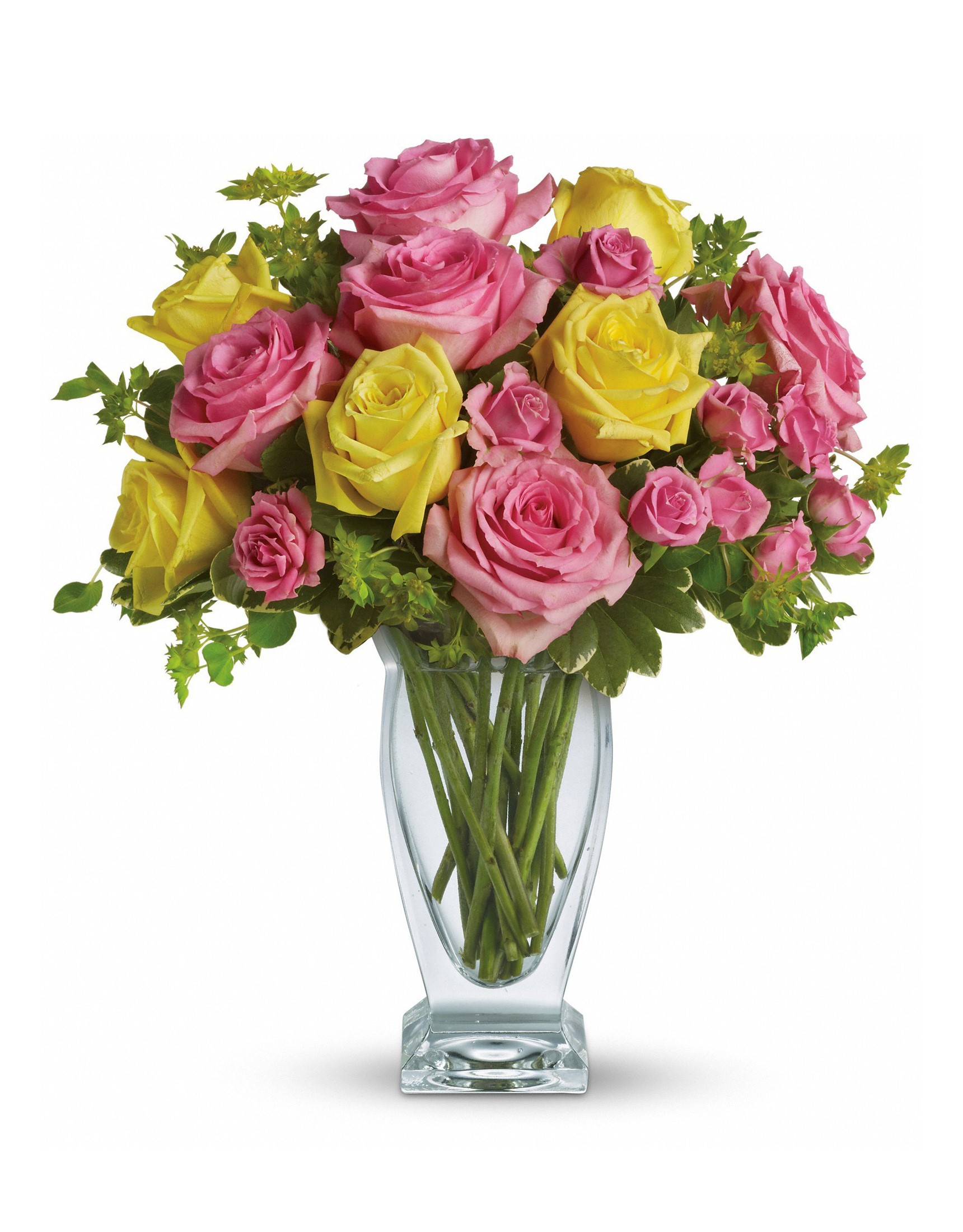 Pink and yellow roses in a glass vase HD Phone Wallpaper