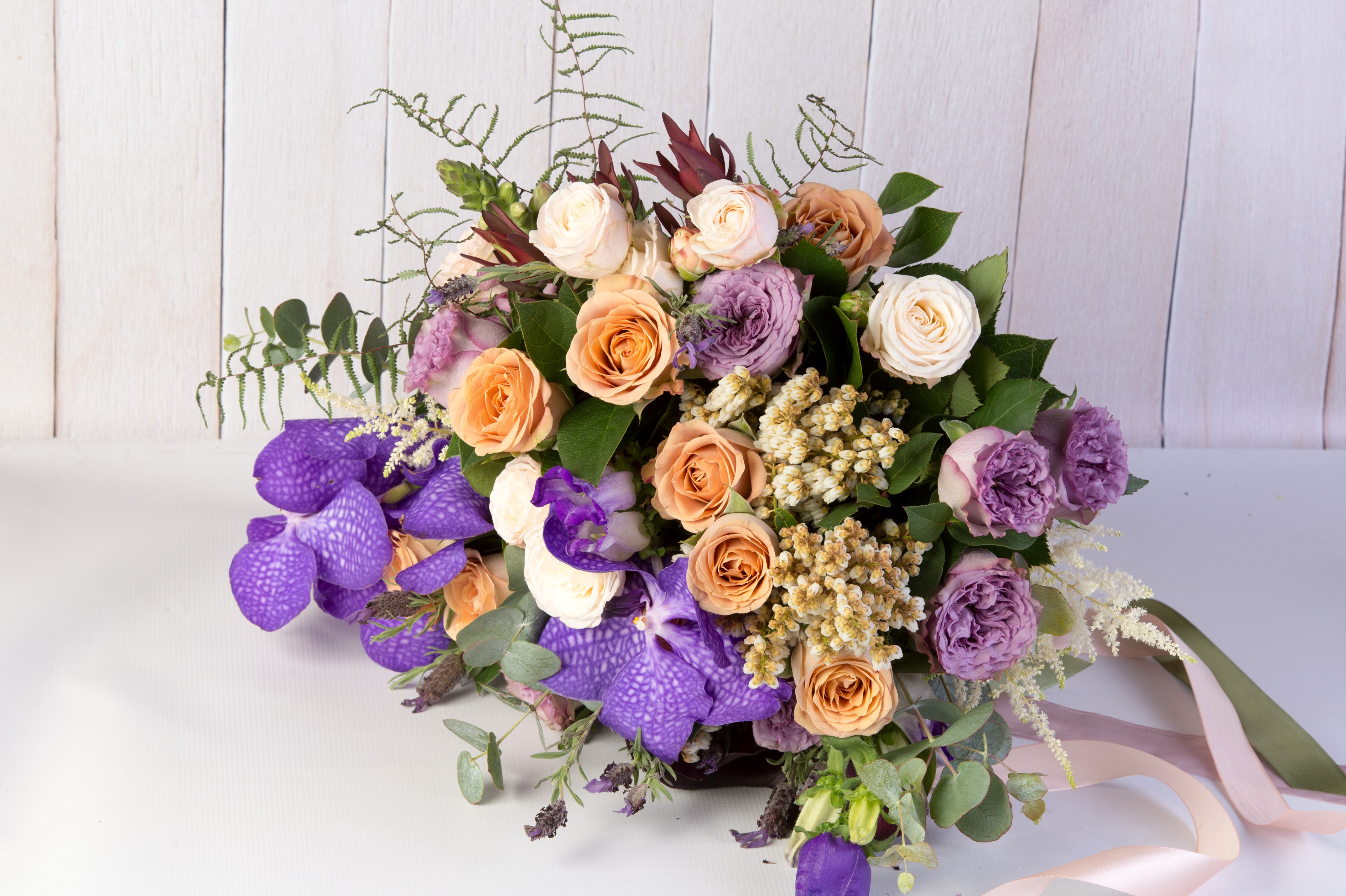 Bouquet of Roses and Orchids with Ribbons HD Wallpaper