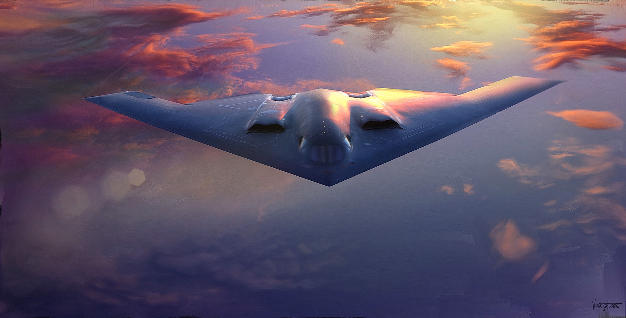 B-2 Spirit bomber flying at sunset HD Wallpaper