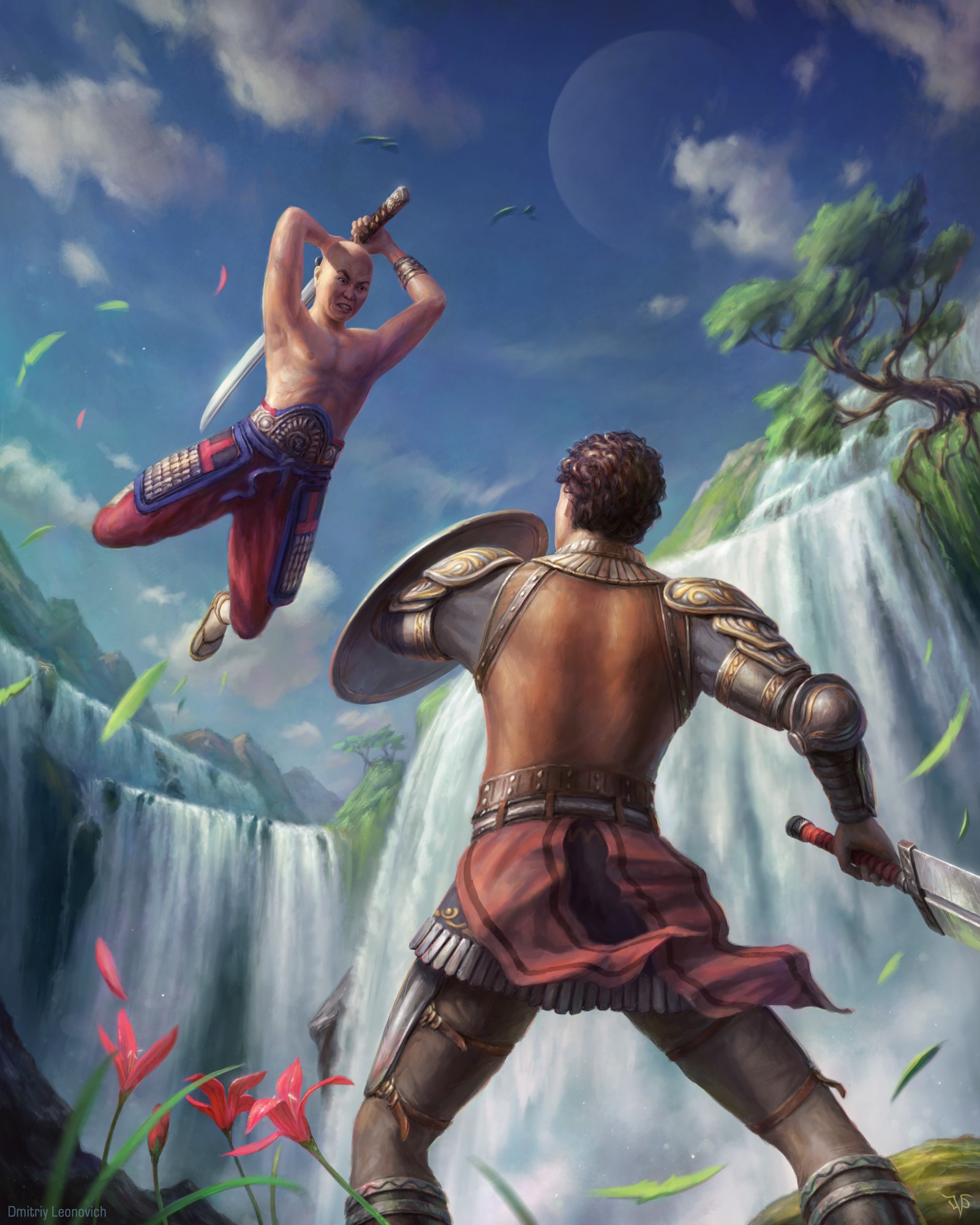Two warriors fighting near waterfalls HD Phone Wallpaper