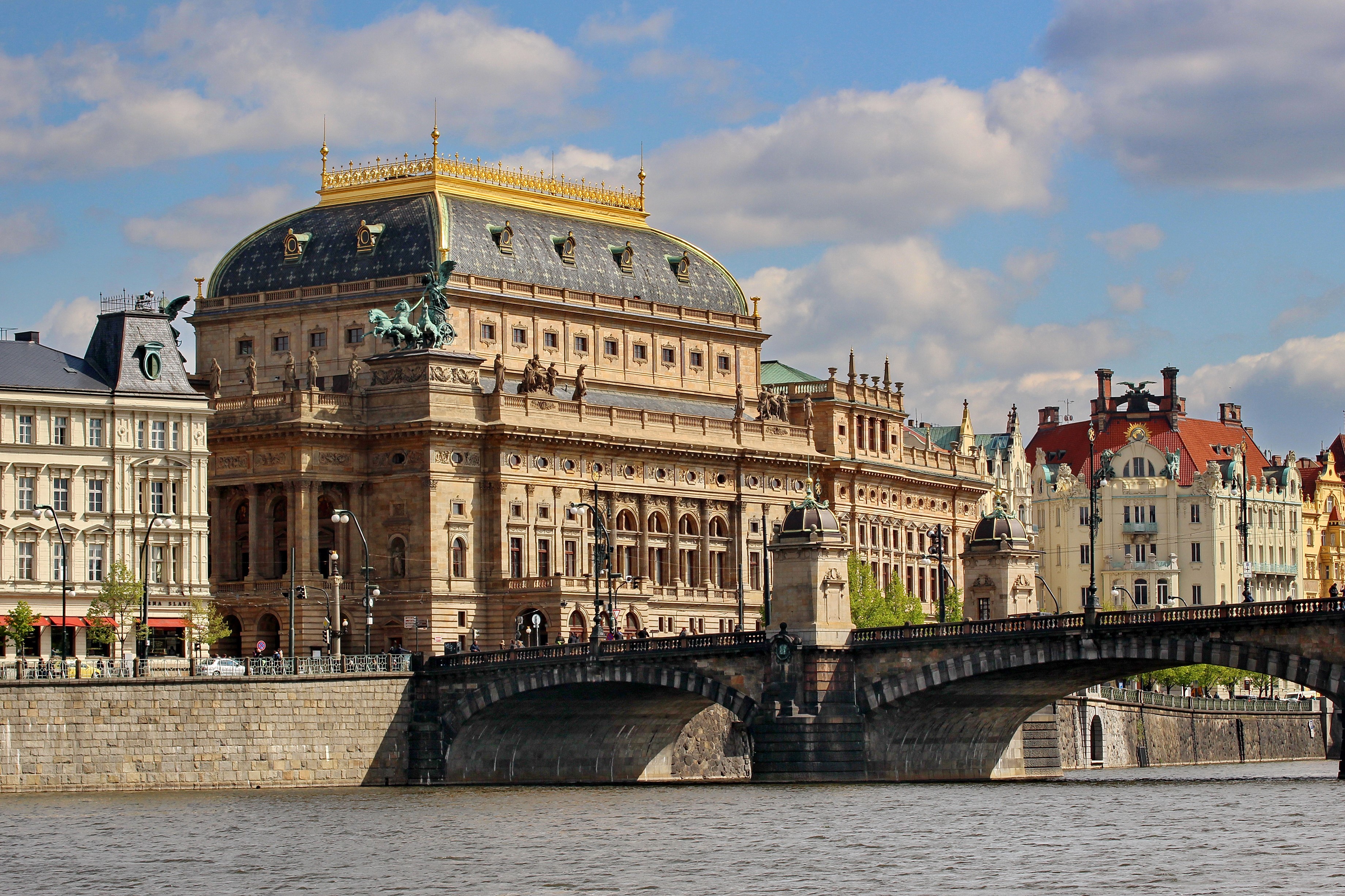 National Theatre and bridge over Vltava River in Prague HD Wallpaper