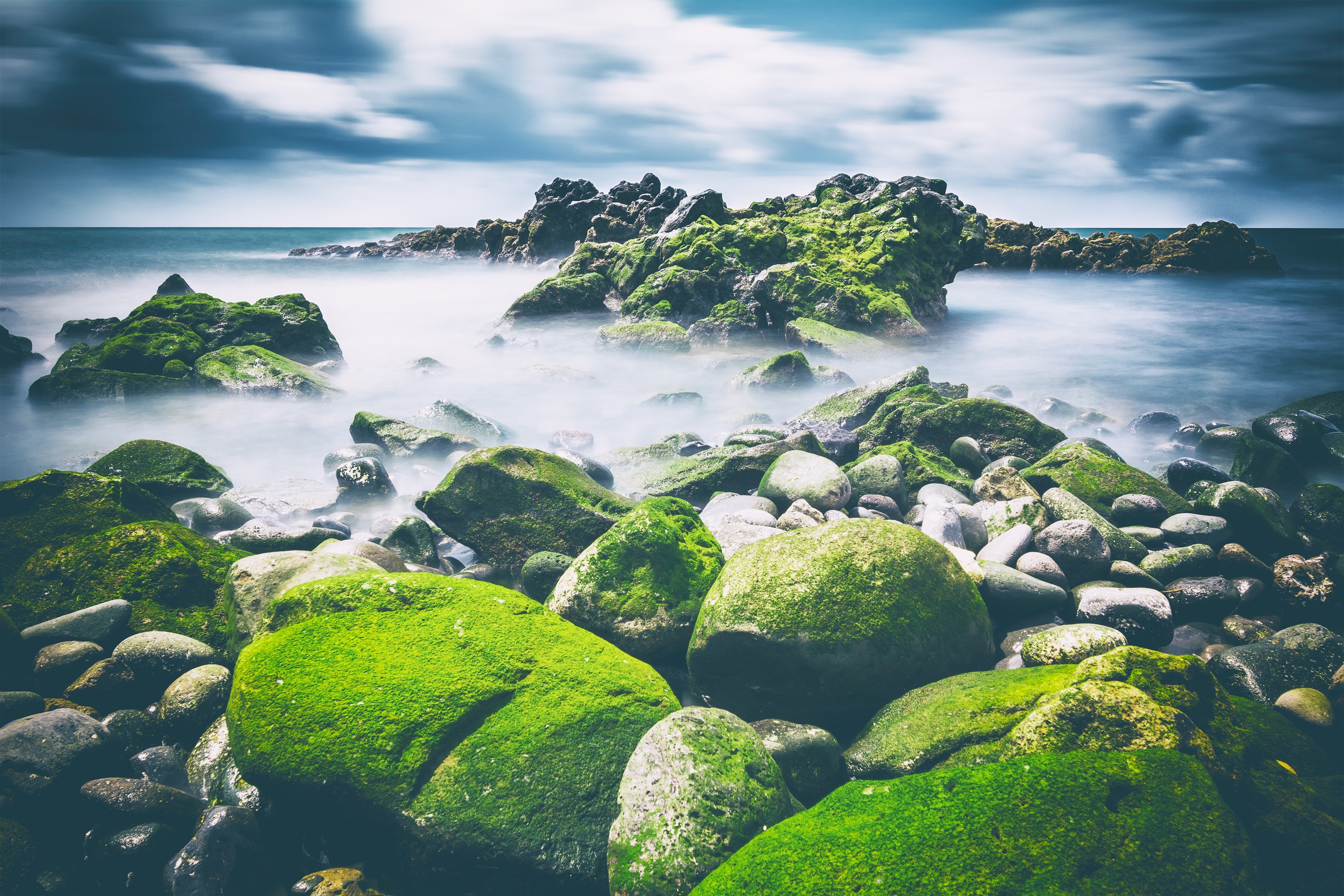 Mossy rocks on a misty coastline HD Wallpaper