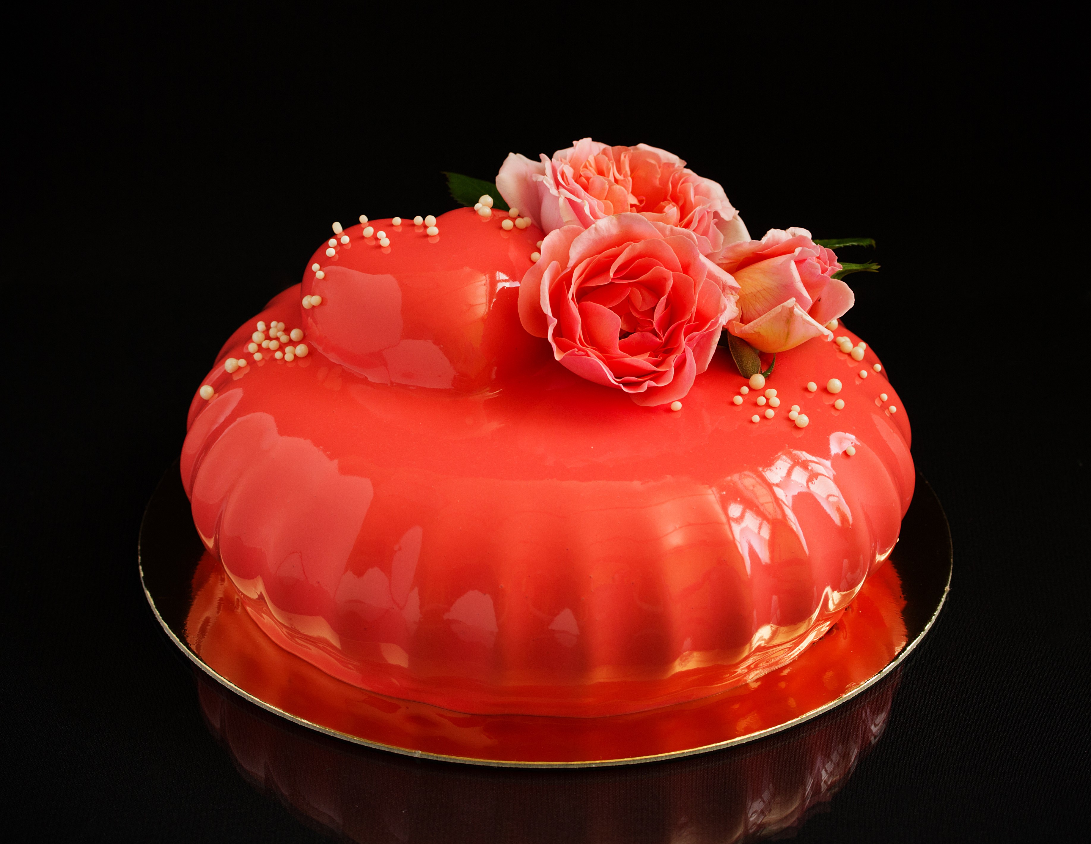 Coral Mirror Glaze Cake with Roses HD Wallpaper