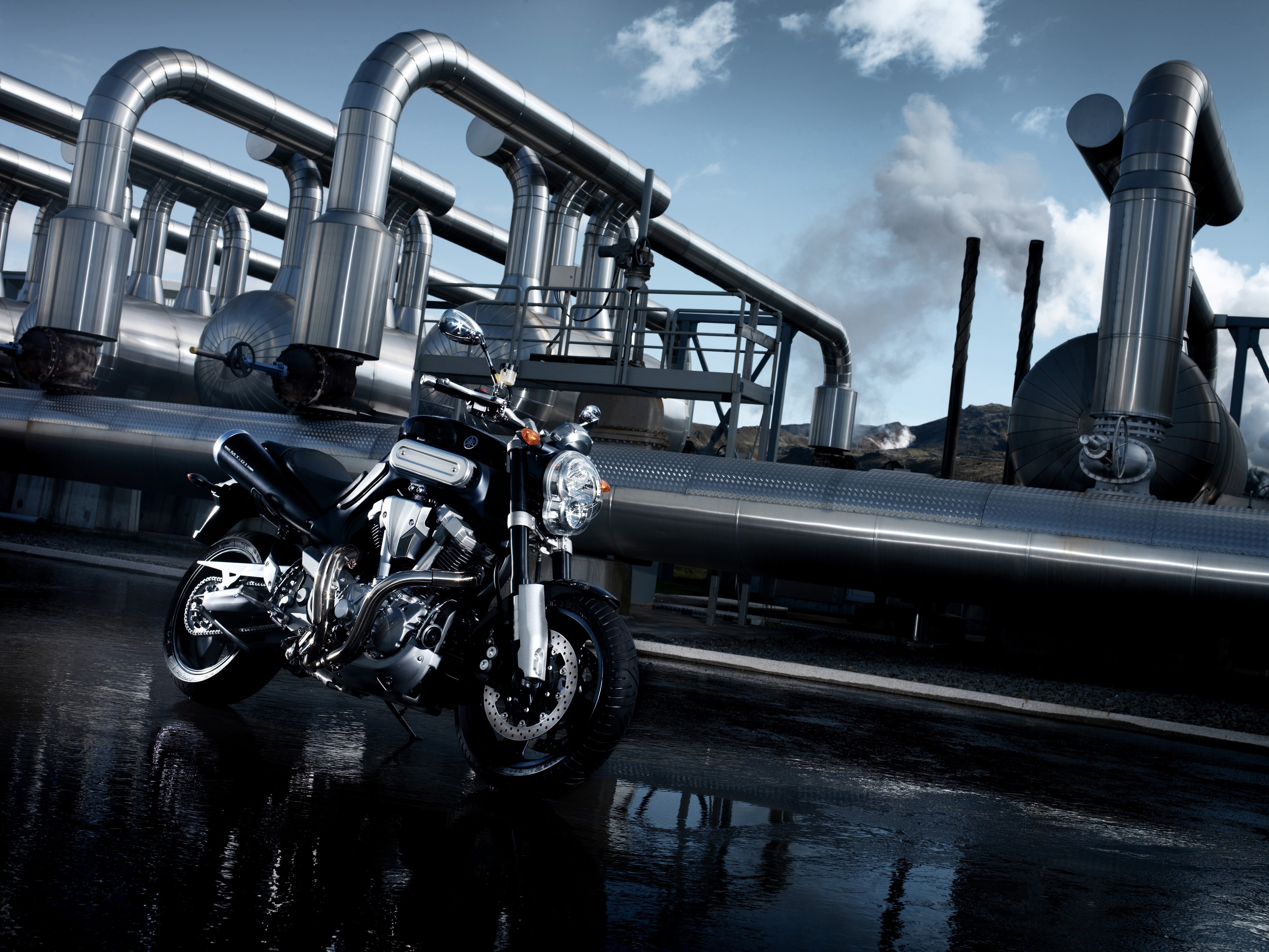 Yamaha MT-01 motorcycle at geothermal plant HD Wallpaper