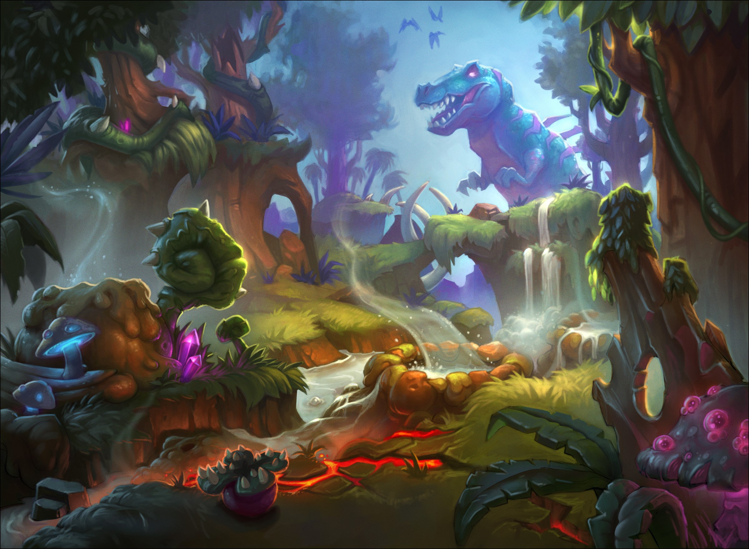 Dinosaurs in a Fantastic Jungle World HD Wallpaper