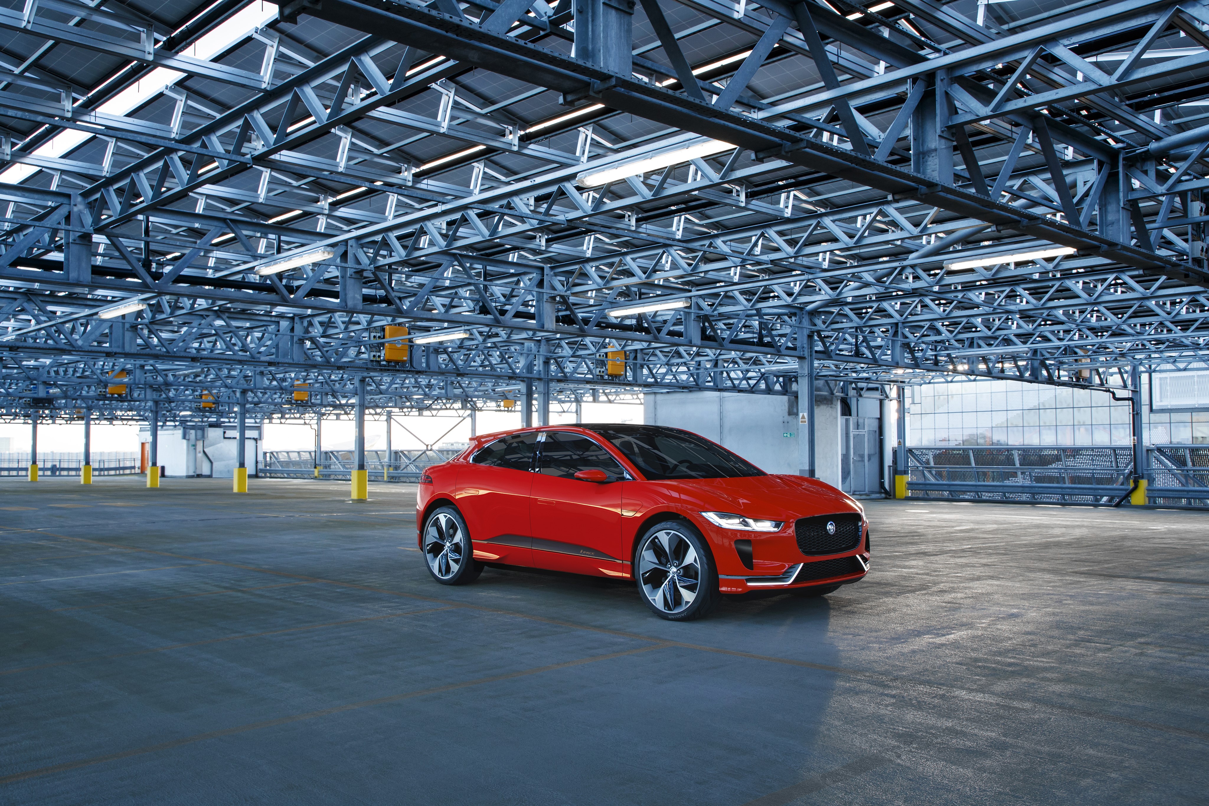 Red Jaguar I-Pace Concept Car in Parking Garage HD Wallpaper