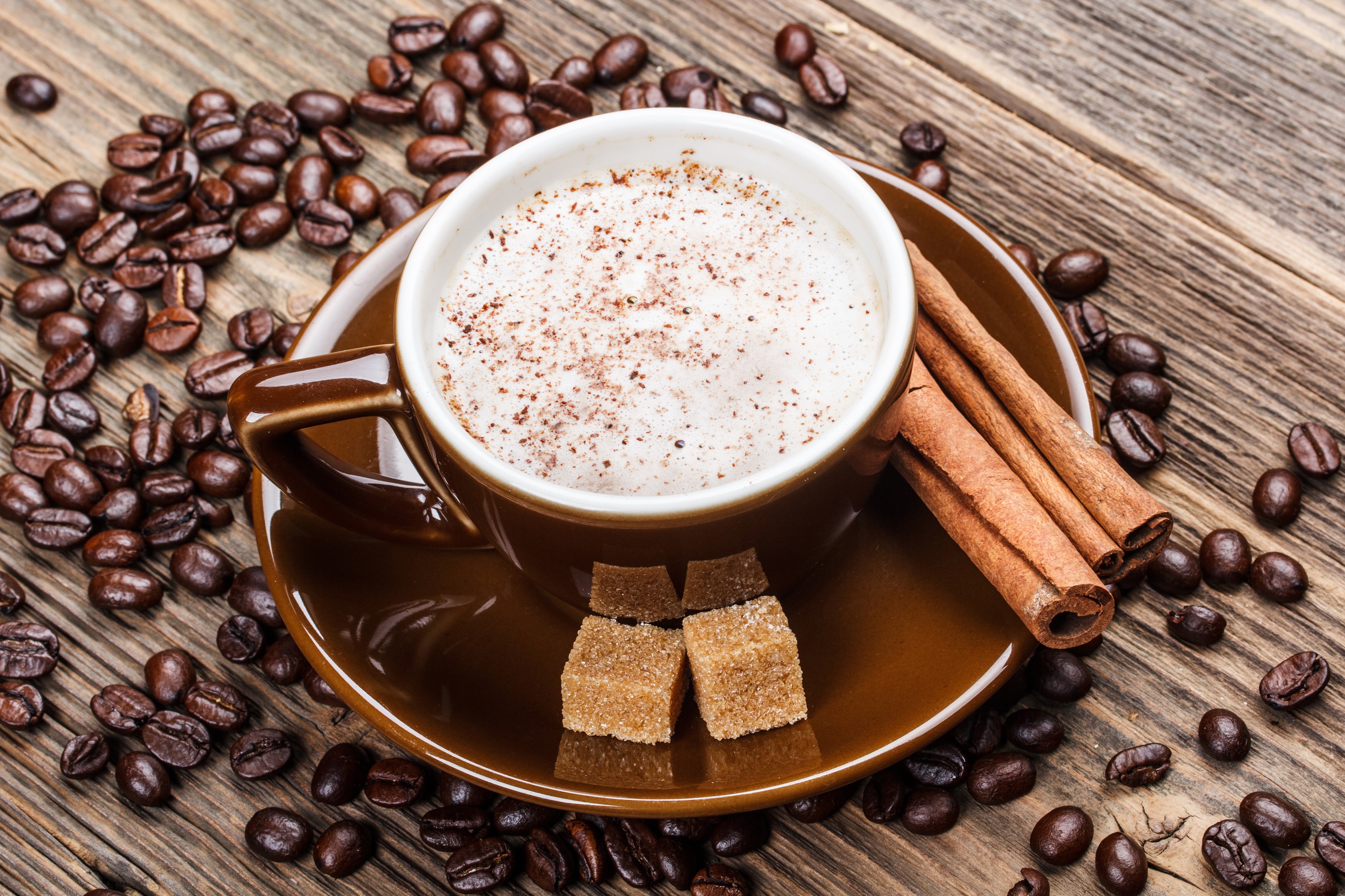 Cappuccino with Cinnamon and Sugar on Wooden Planks HD Wallpaper