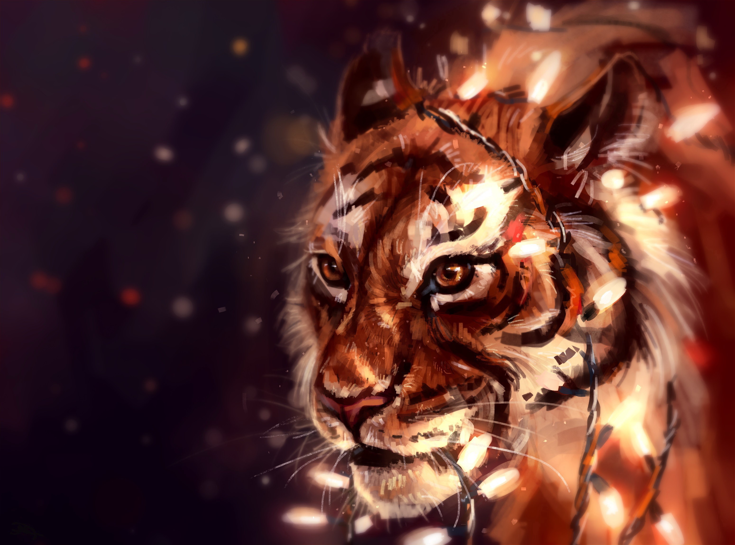 Tiger with Christmas lights HD Wallpaper