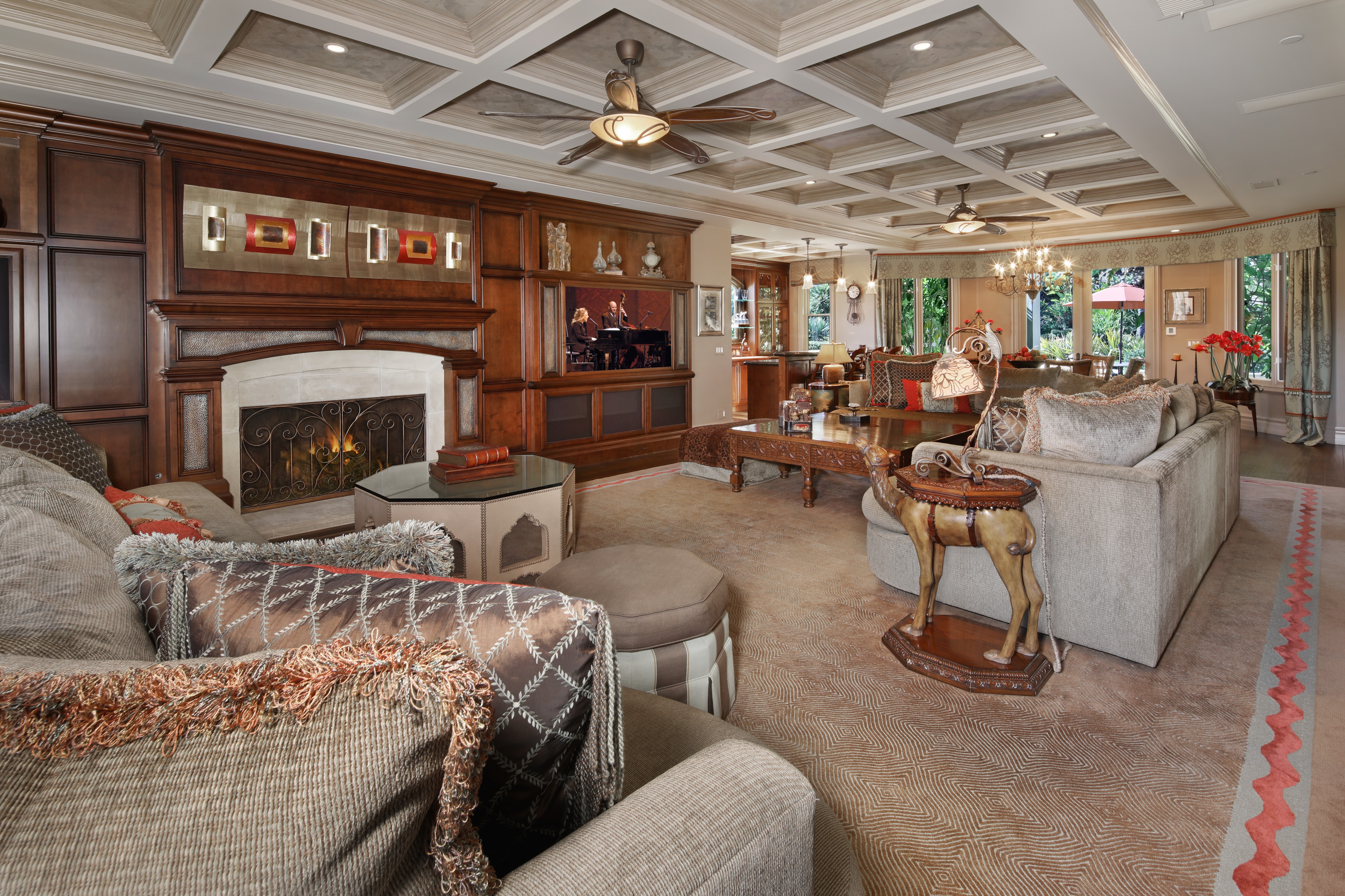 Living room with fireplace and sofas HD Wallpaper
