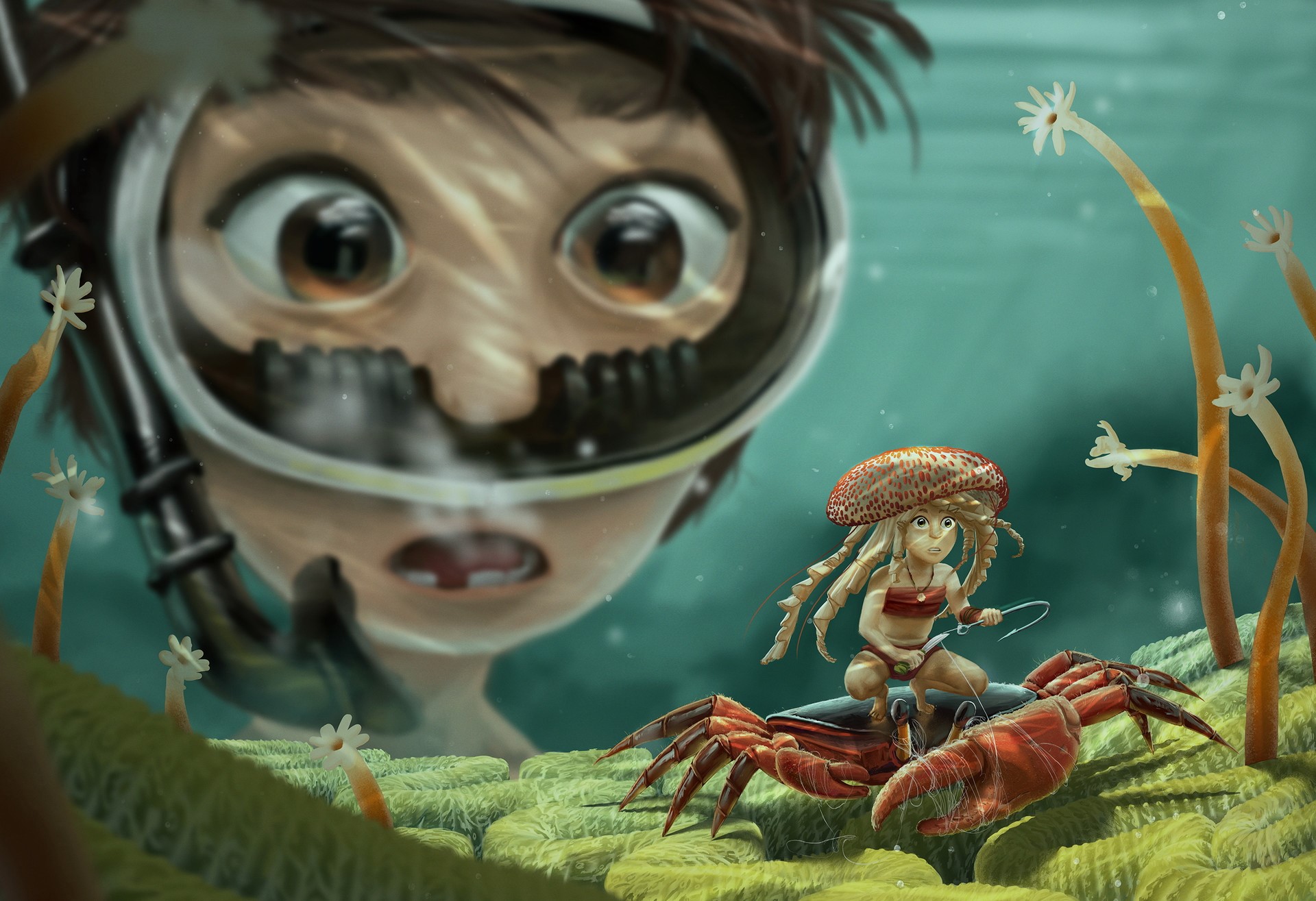 Girl riding a crab with a diver looking on HD Wallpaper