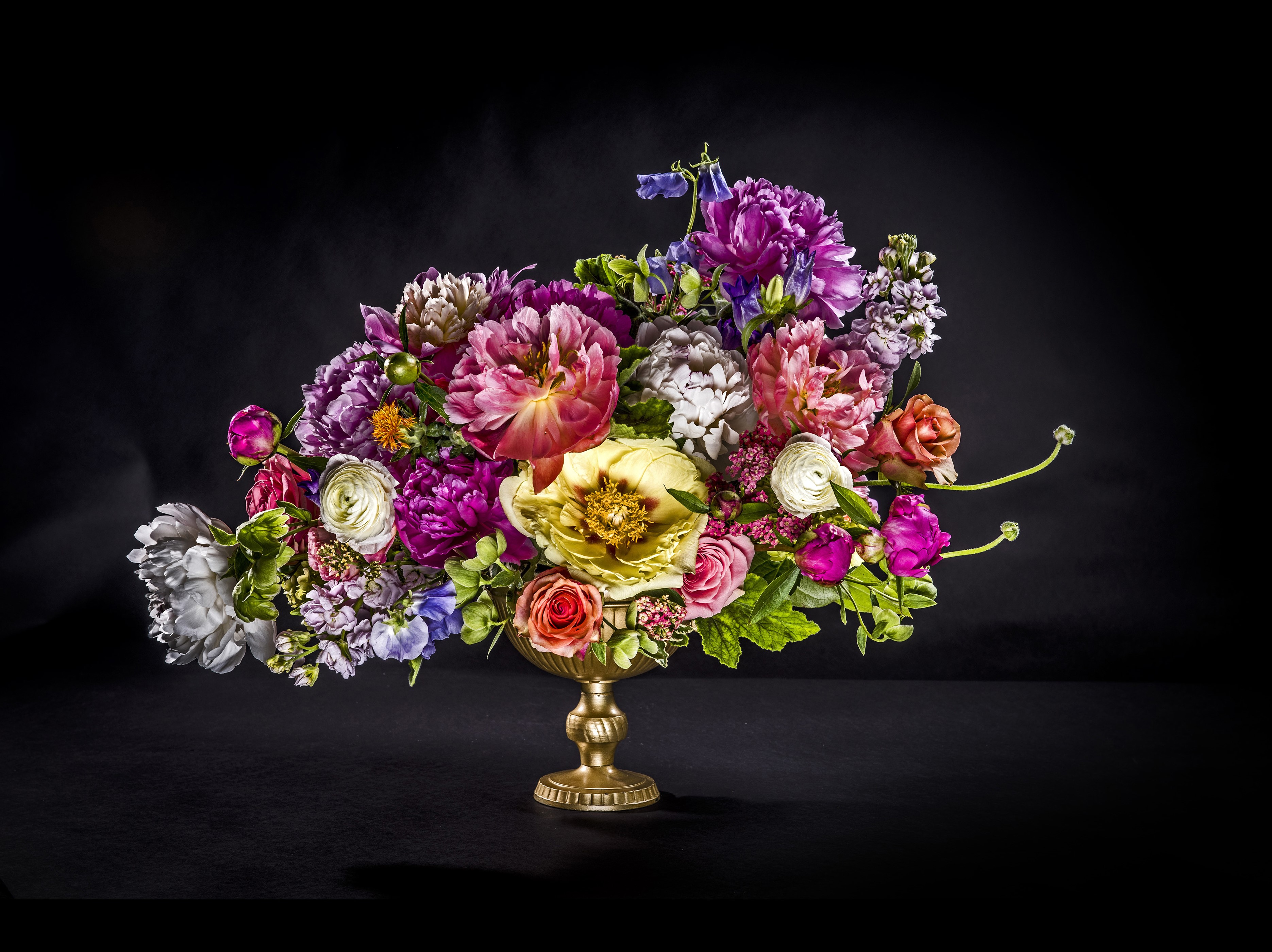 Floral arrangement of peonies and ranunculus in a vase HD Wallpaper