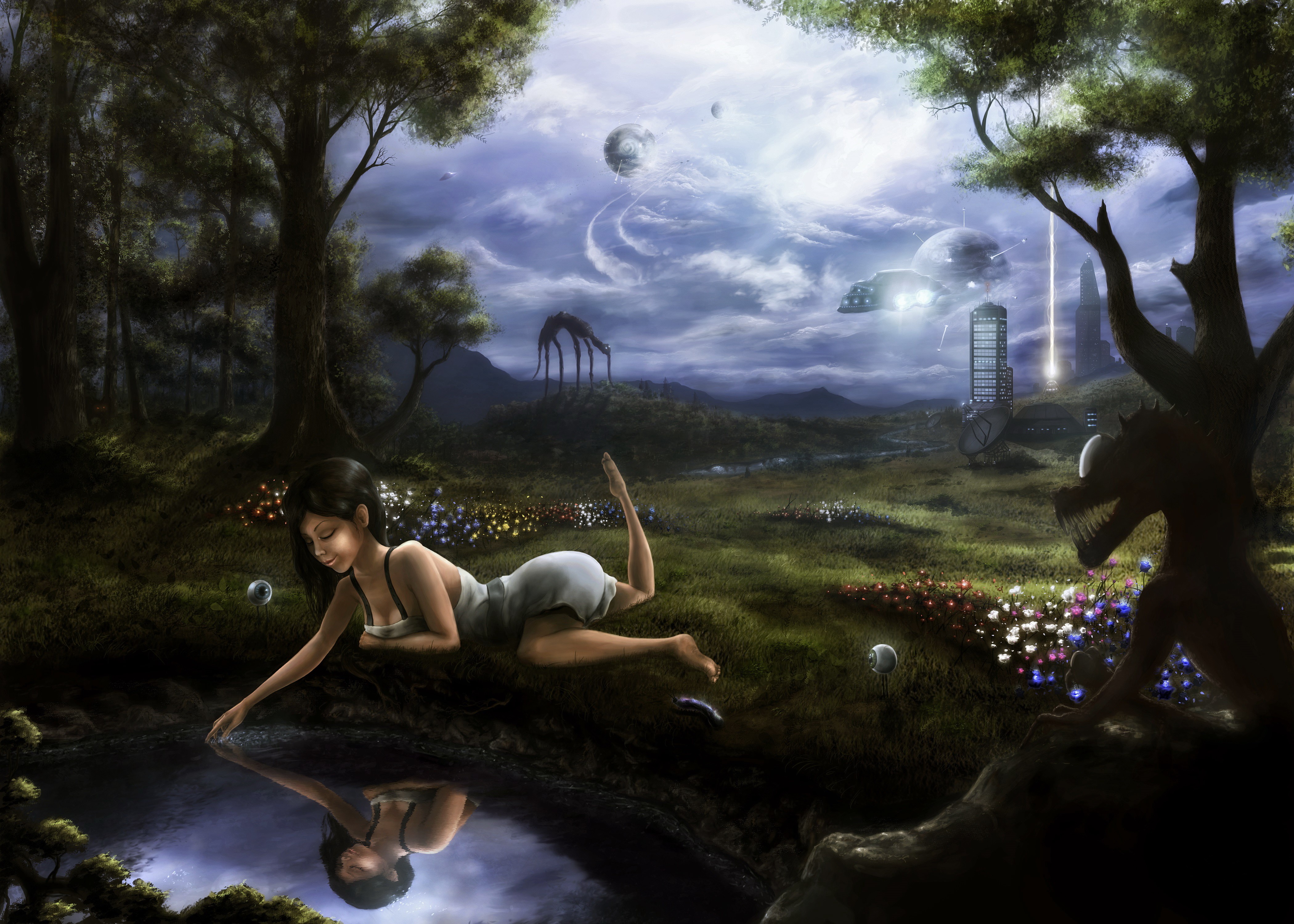 Fantastic world with a girl by a pond and monsters HD Wallpaper