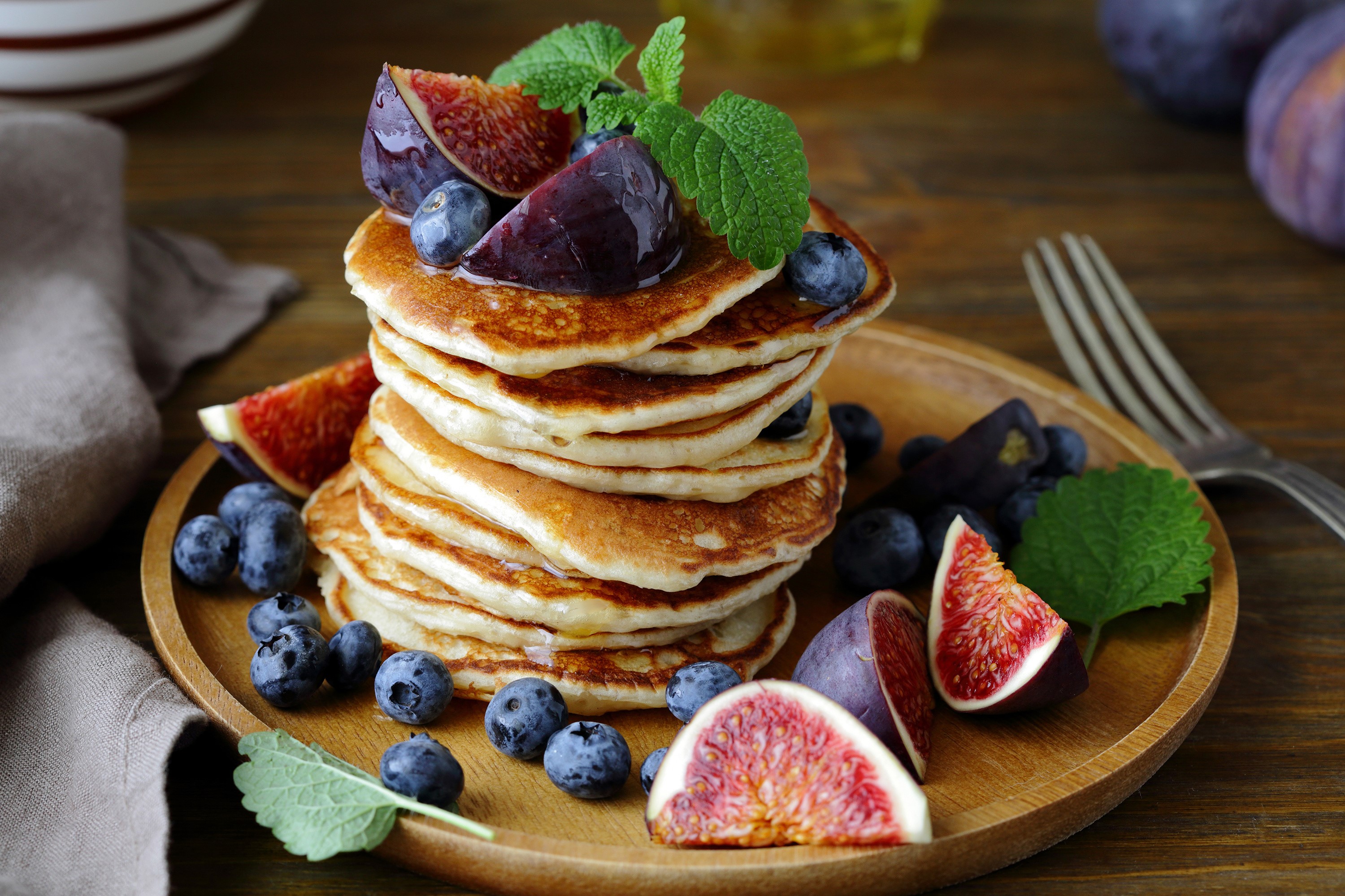 Stack of Pancakes with Figs and Blueberries HD Wallpaper
