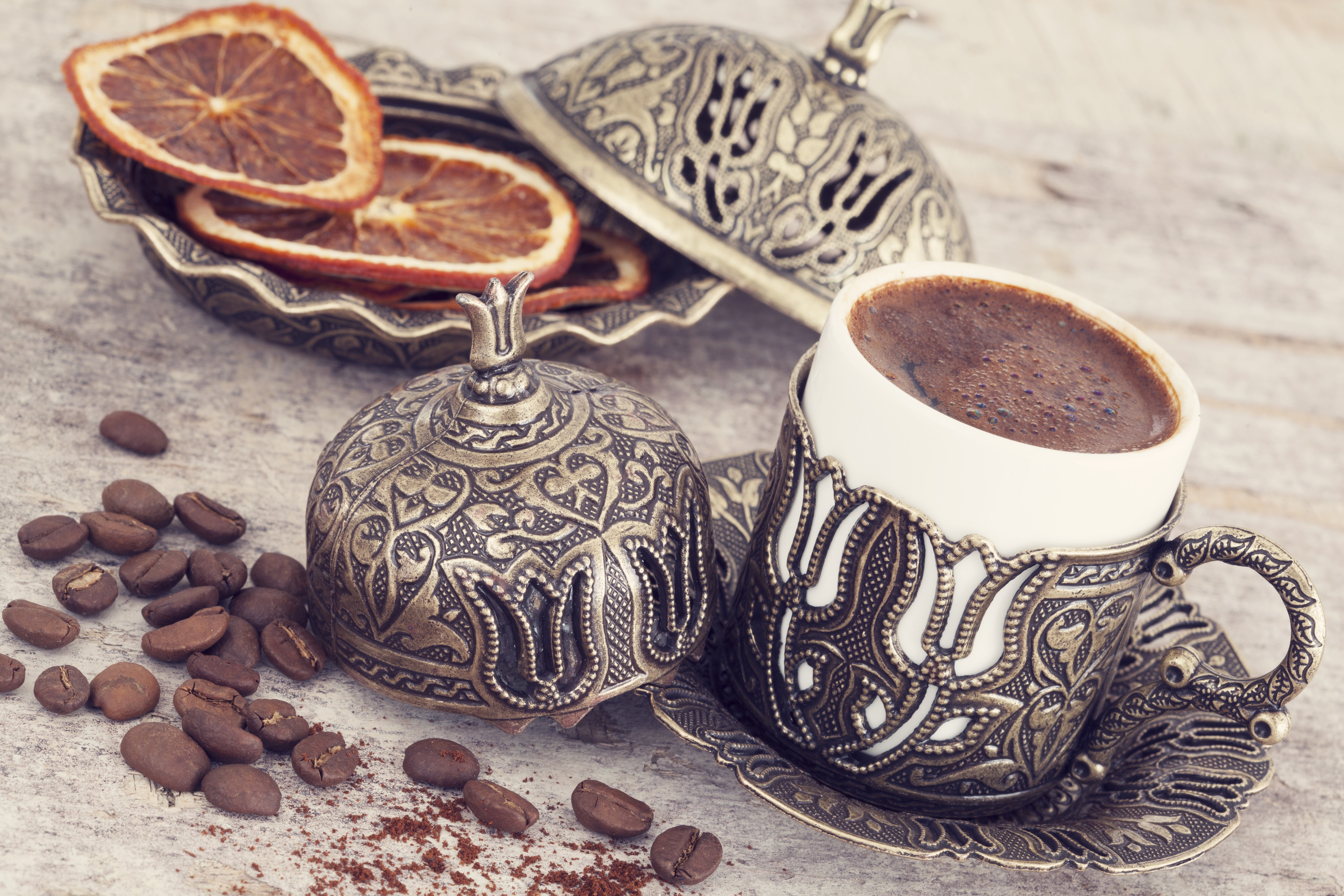 Turkish Coffee Cup with Dried Oranges and Coffee Beans HD Wallpaper