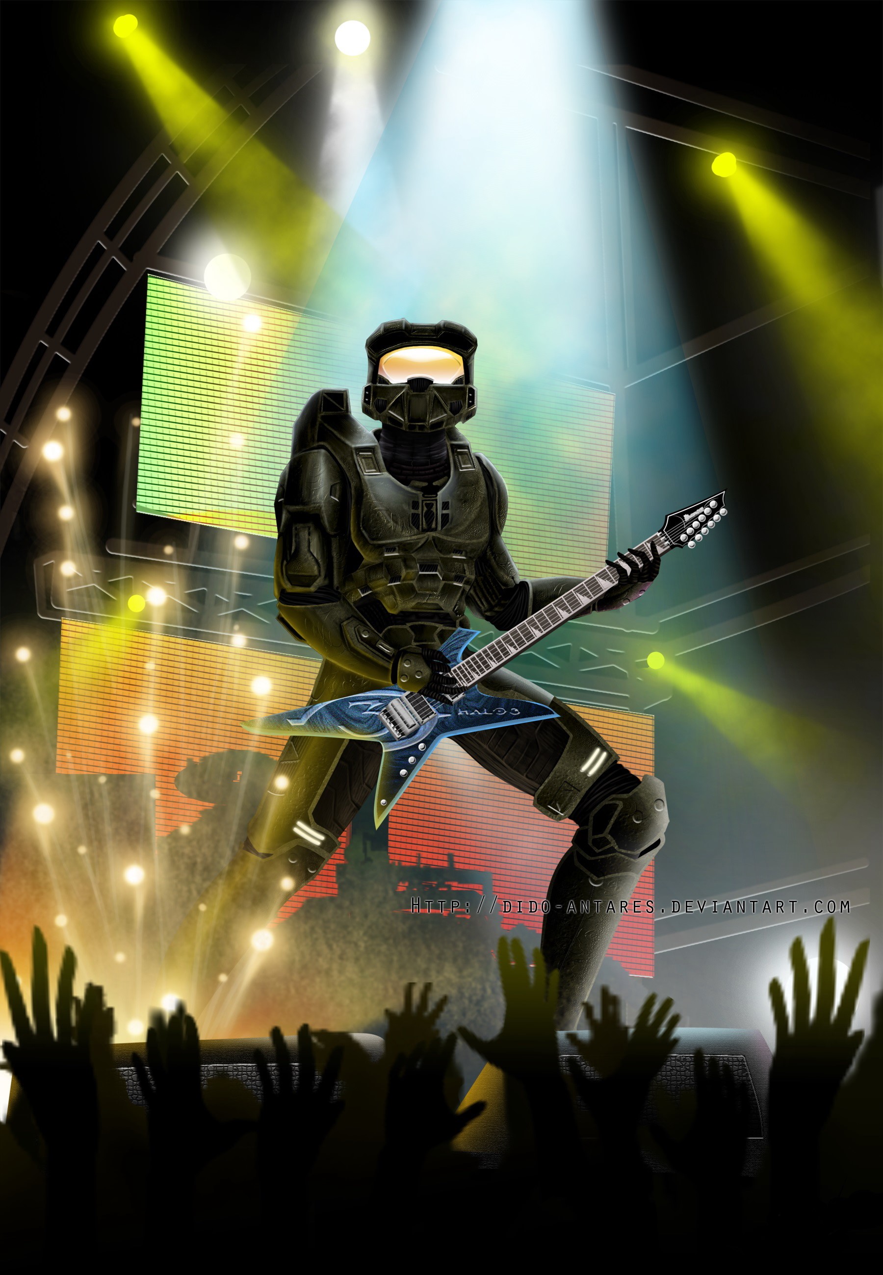 Master Chief from Halo playing guitar on stage HD Phone Wallpaper