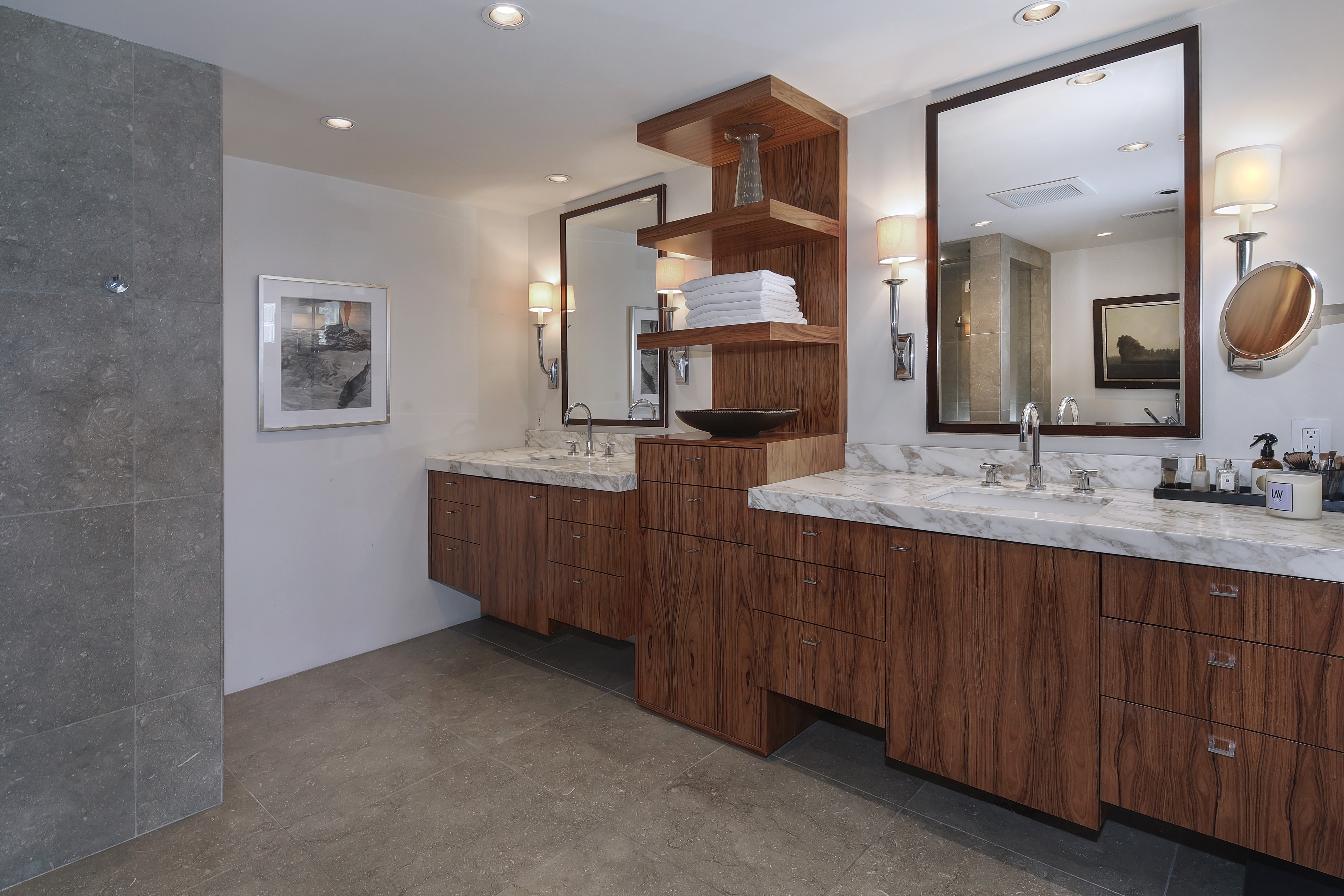 Modern Bathroom with Dual Vanities and Wood Cabinetry HD Wallpaper