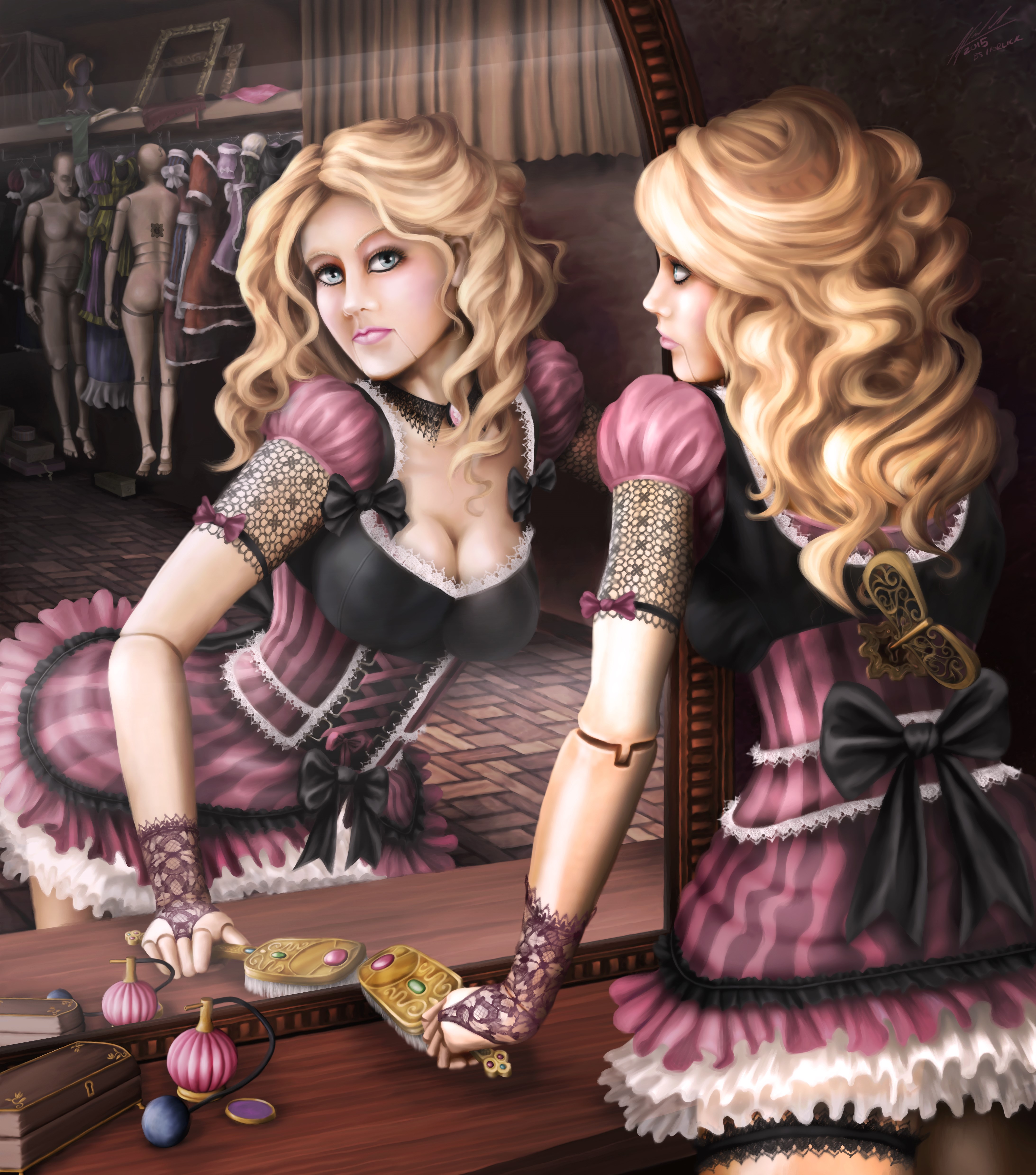 Painting Art of a Doll Girl Looking in a Mirror HD Wallpaper