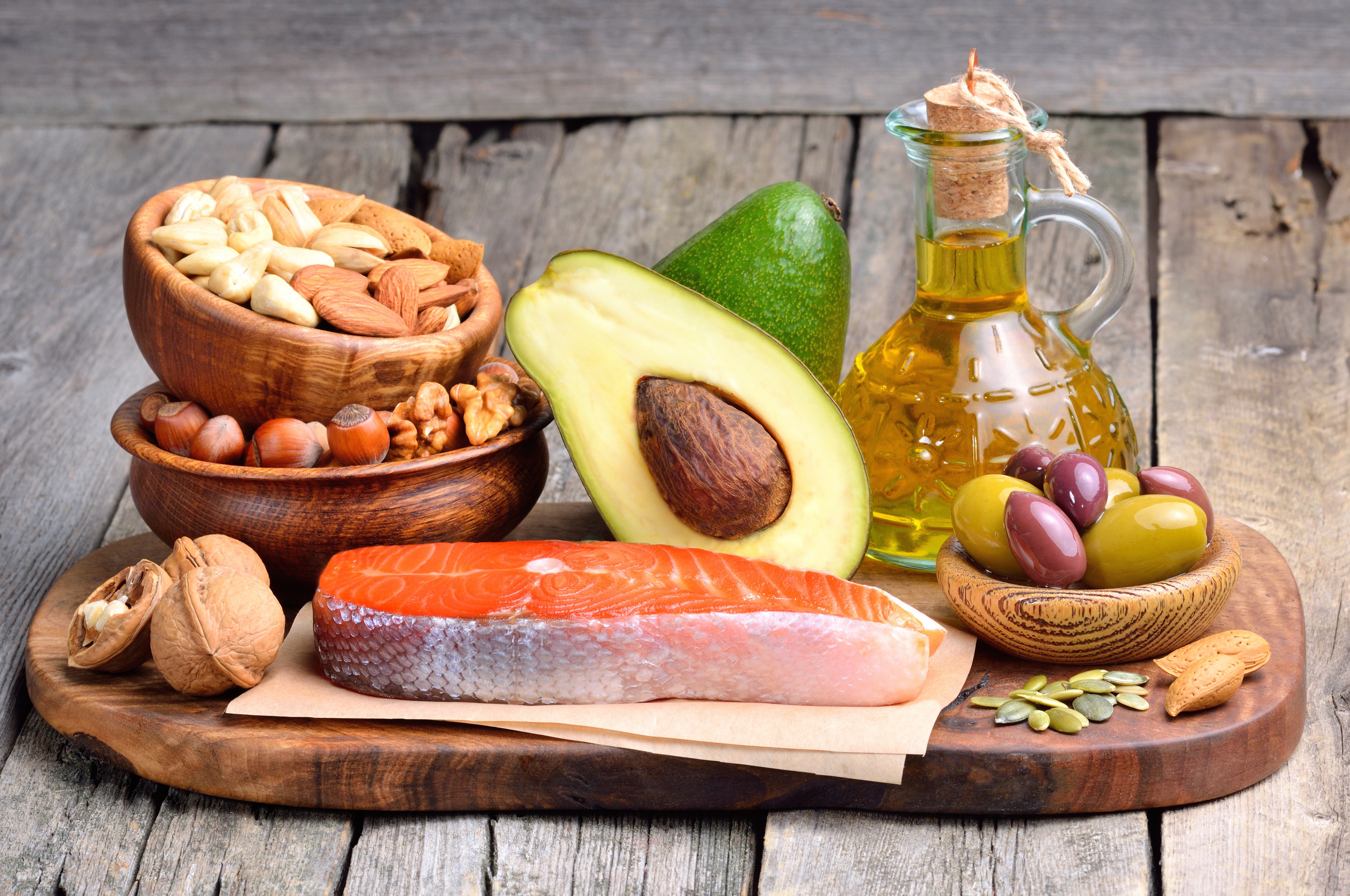 Healthy Fats: Salmon, Avocado, Nuts, Olives, and Oil HD Wallpaper