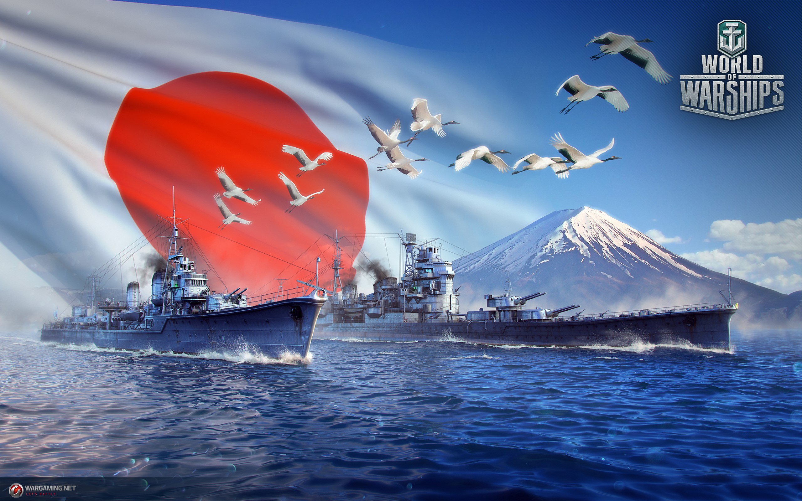 World of Warships Japanese Ships with Mount Fuji and Cranes HD Wallpaper