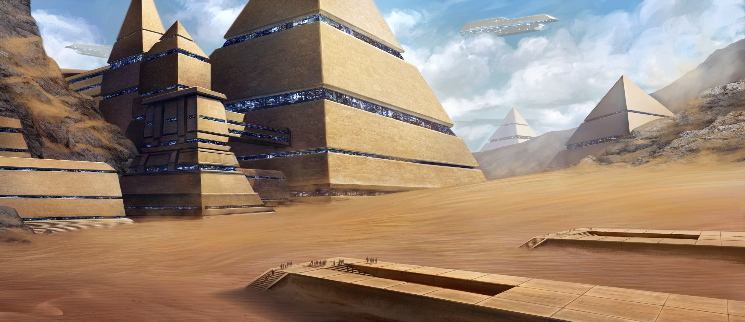 Futuristic pyramids in a desert landscape HD Wallpaper