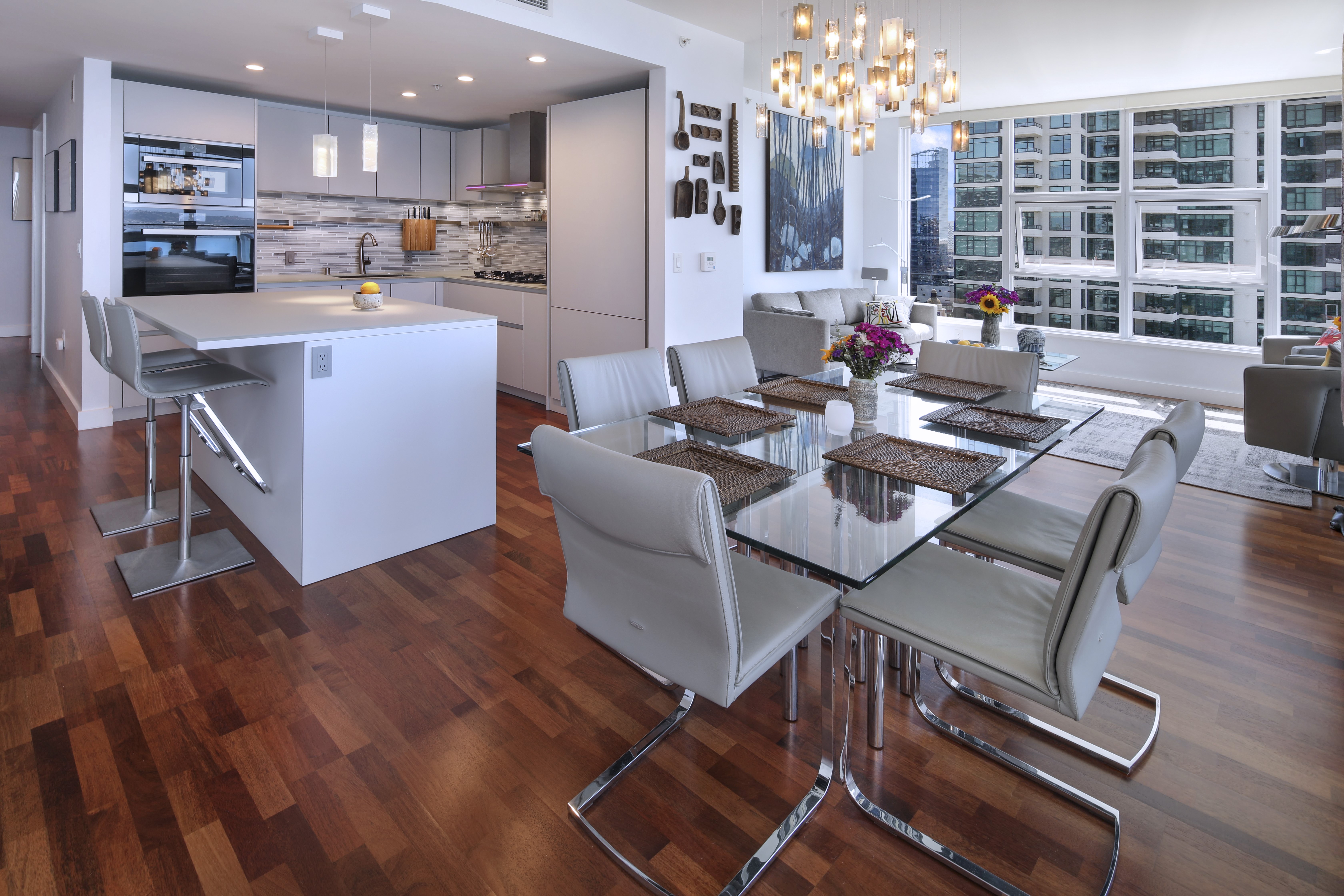 Modern Kitchen and Dining Area with City View HD Wallpaper