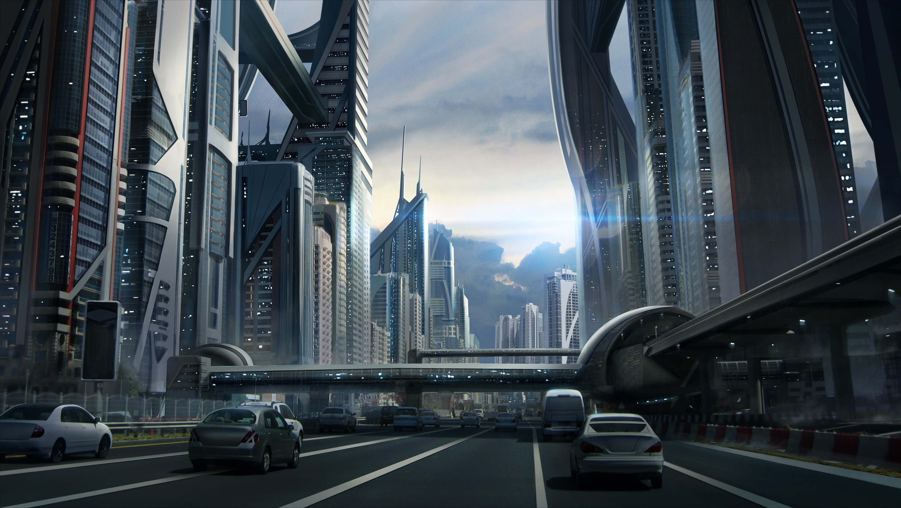 Futuristic city with skyscrapers and elevated transport HD Wallpaper