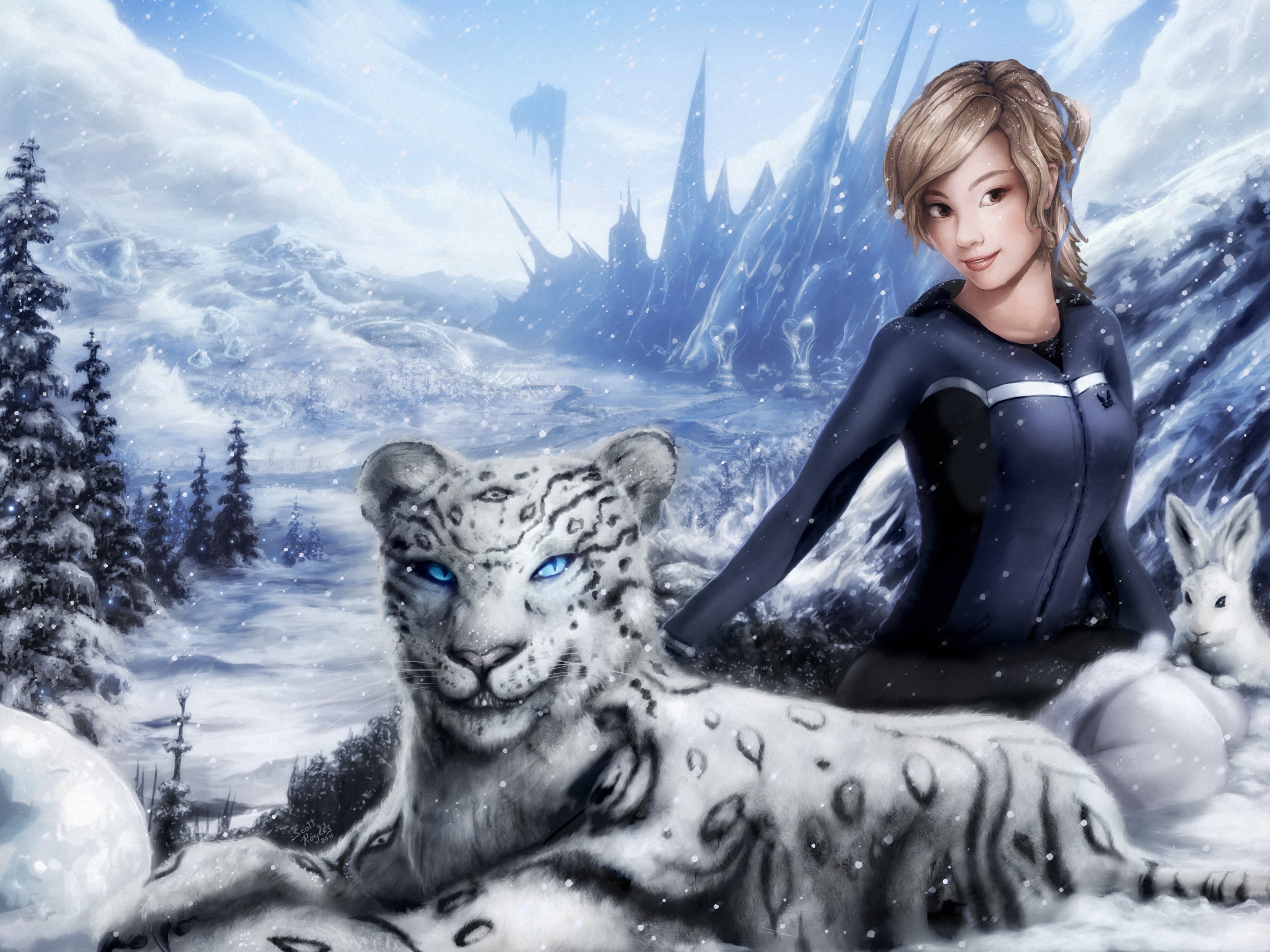 Girl with Snow Leopard in Snowy Landscape HD Wallpaper