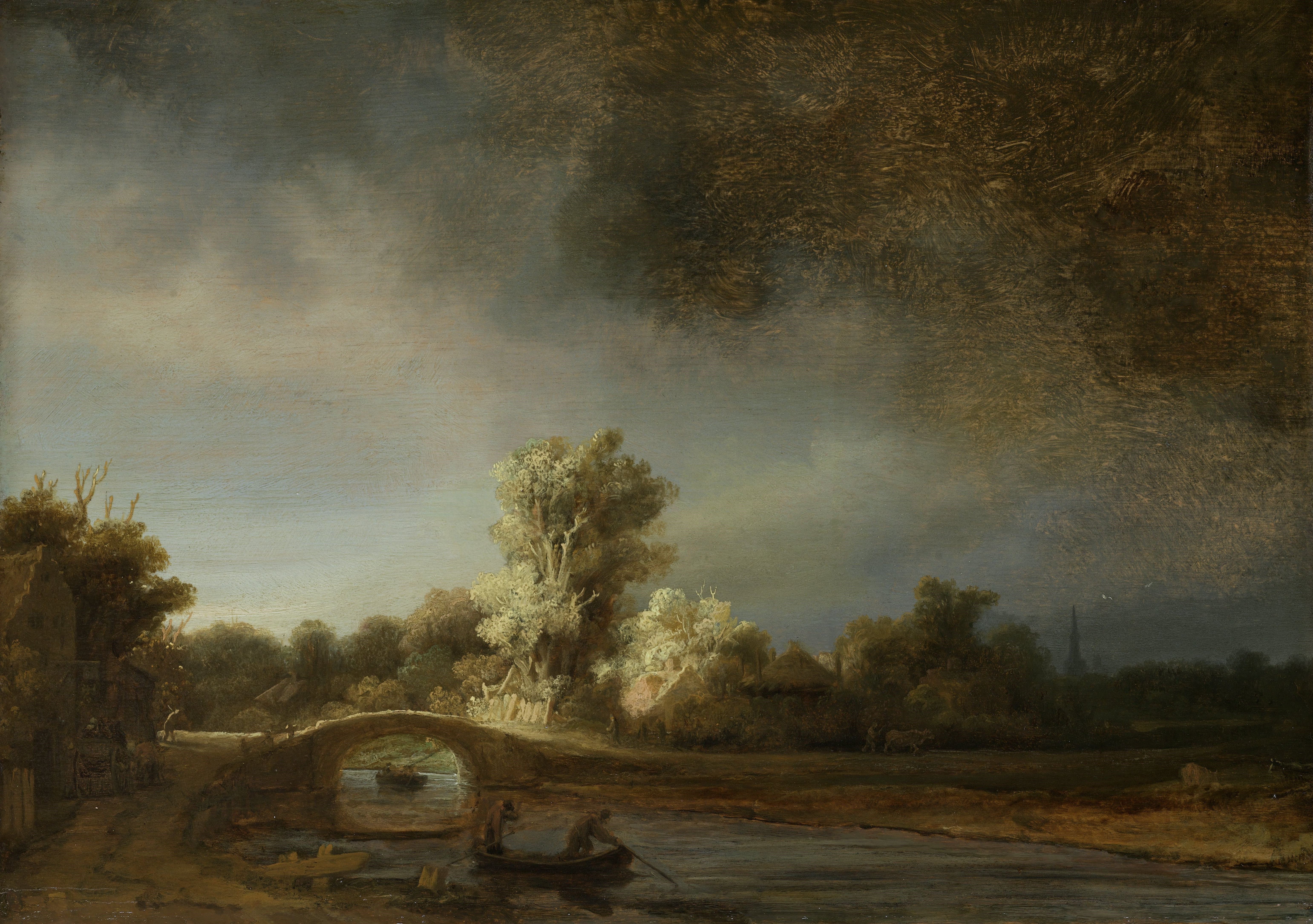 Landscape with a Stone Bridge and Boats by Rembrandt Harmenszoon van Rijn HD Wallpaper