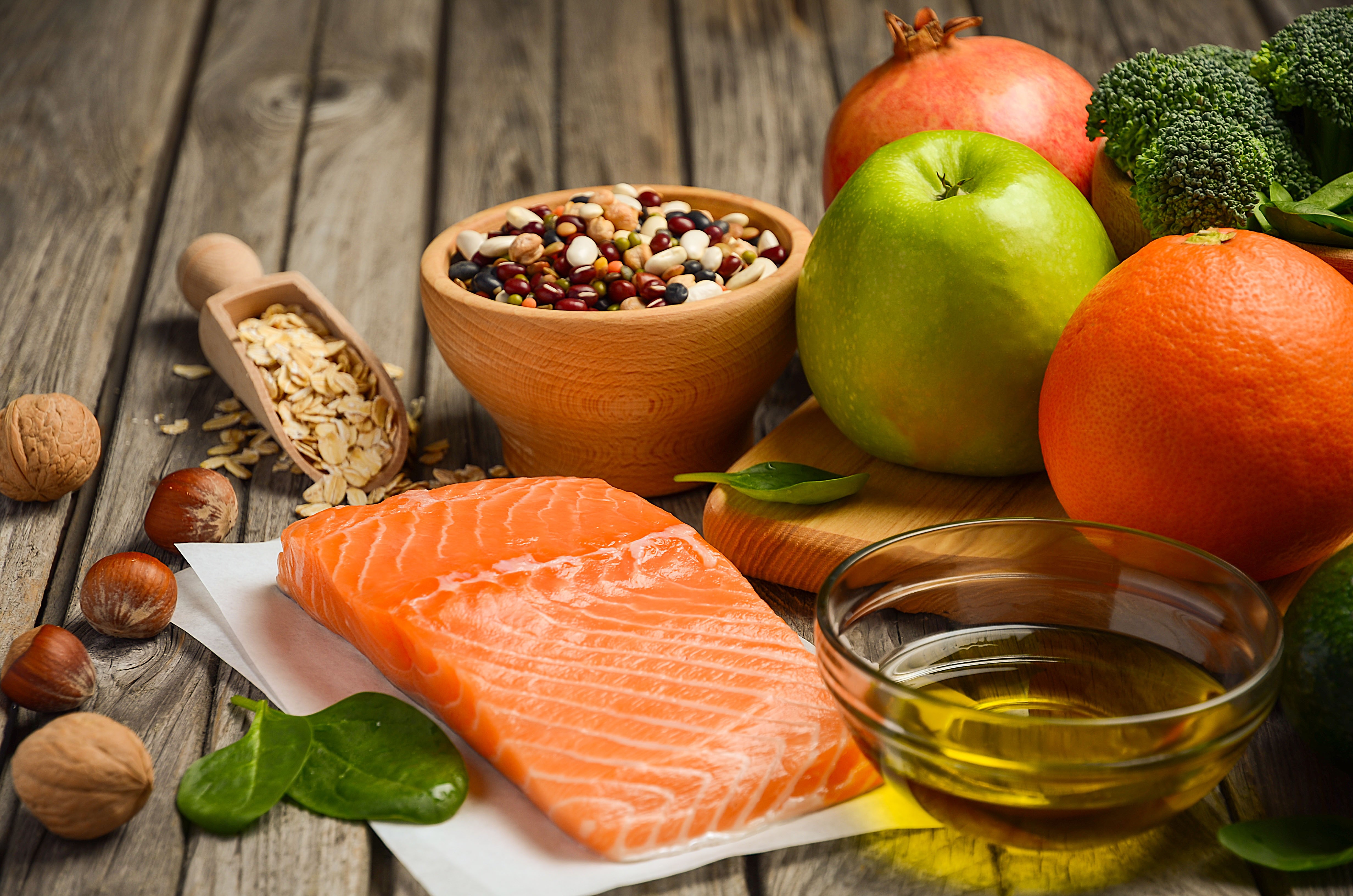 Salmon, Fruits, Nuts, and Grains on Wood HD Wallpaper