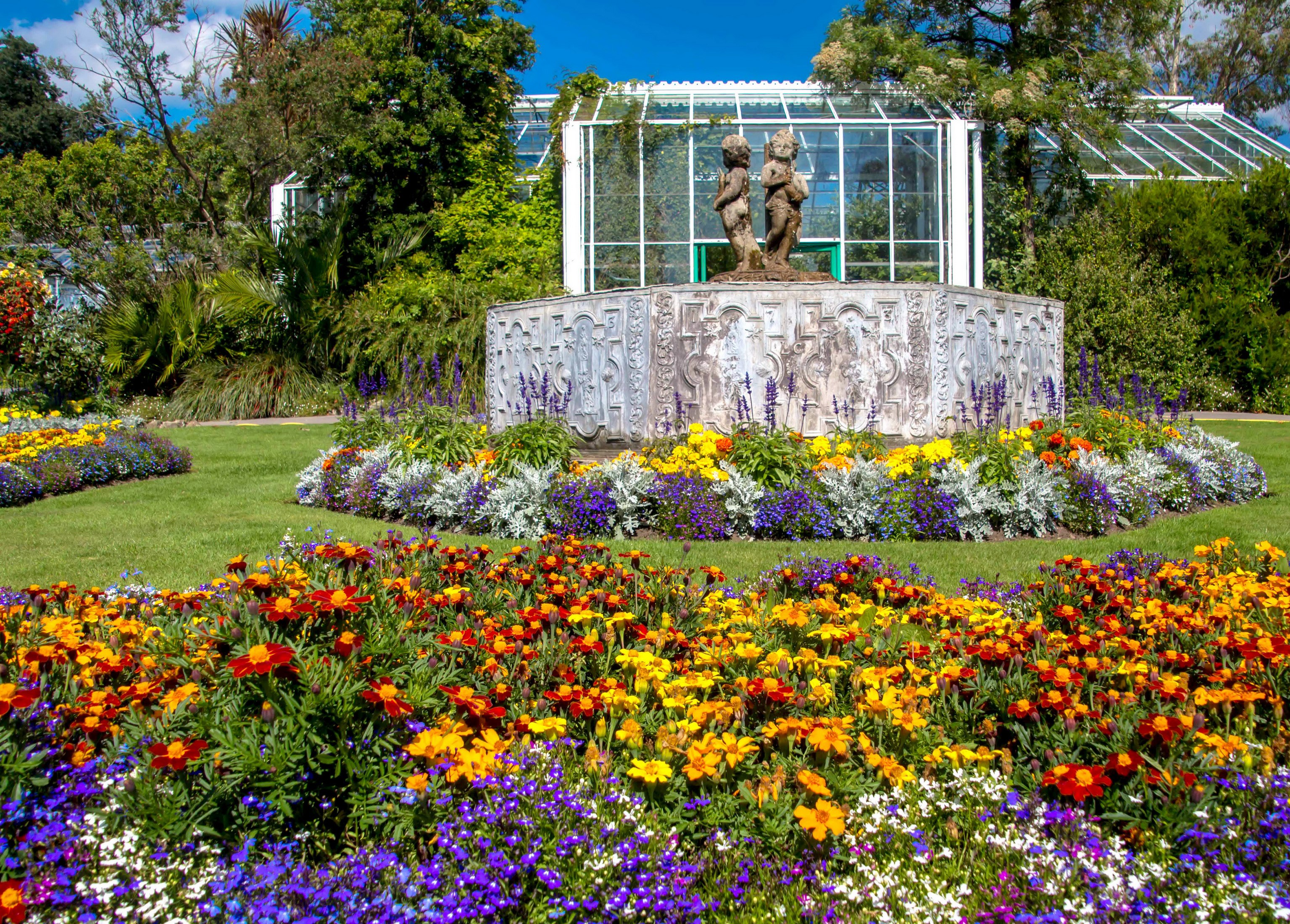 Swansea Botanic Gardens with fountain and flowers HD Wallpaper