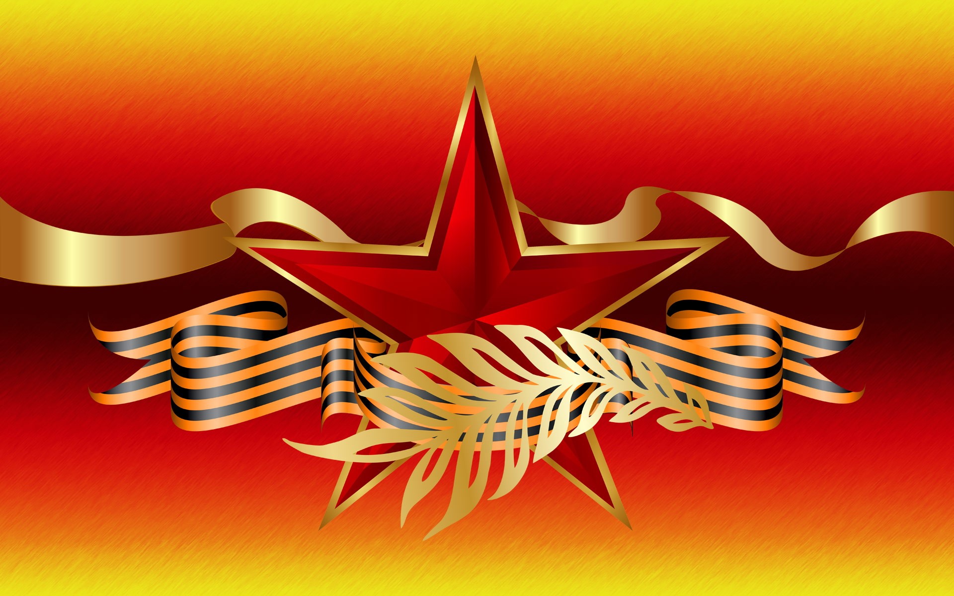 Red star with ribbons and laurel branch on red and yellow background HD Wallpaper
