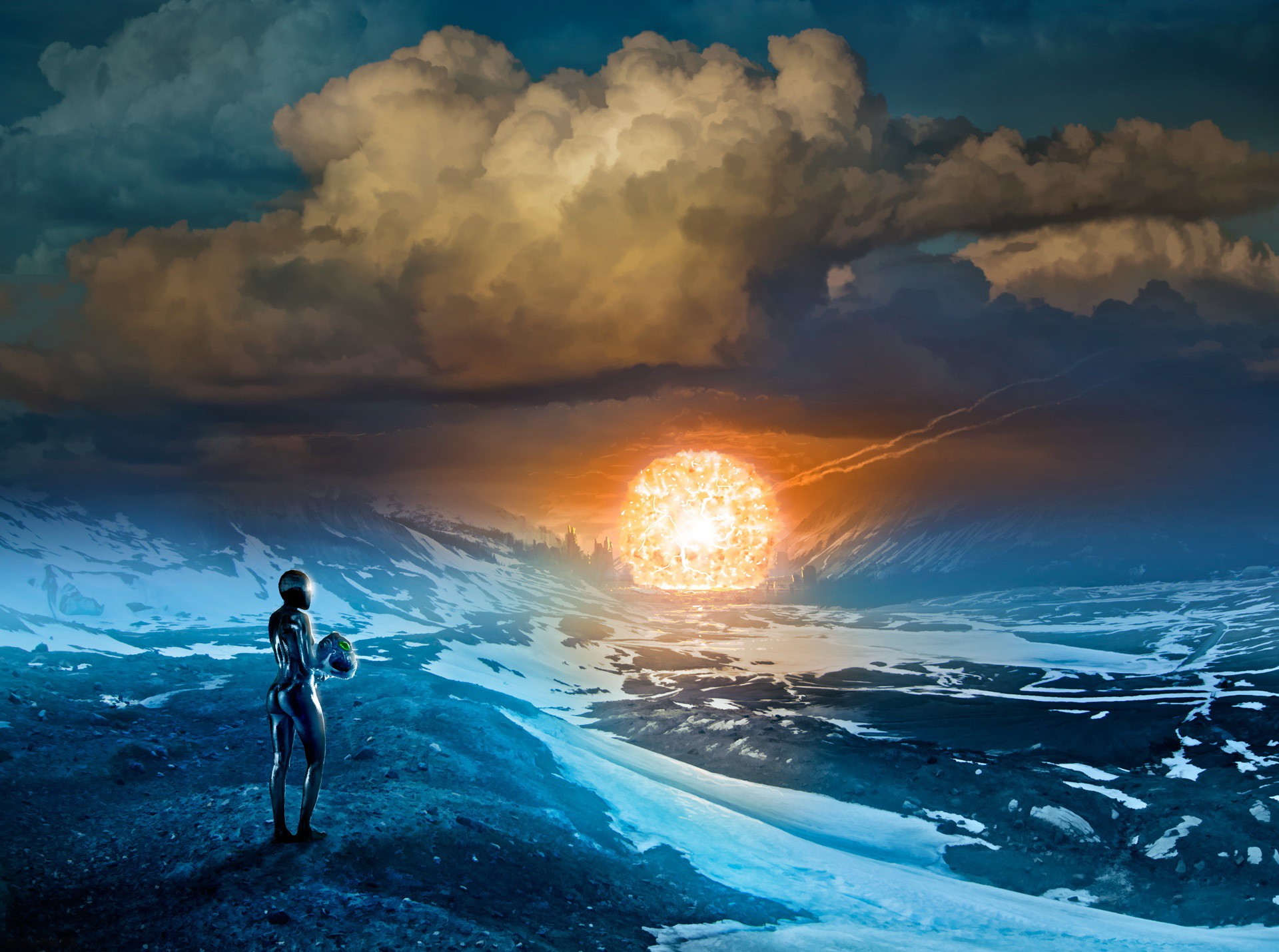 Robot holding helmet in a post-apocalyptic landscape with explosion HD Wallpaper