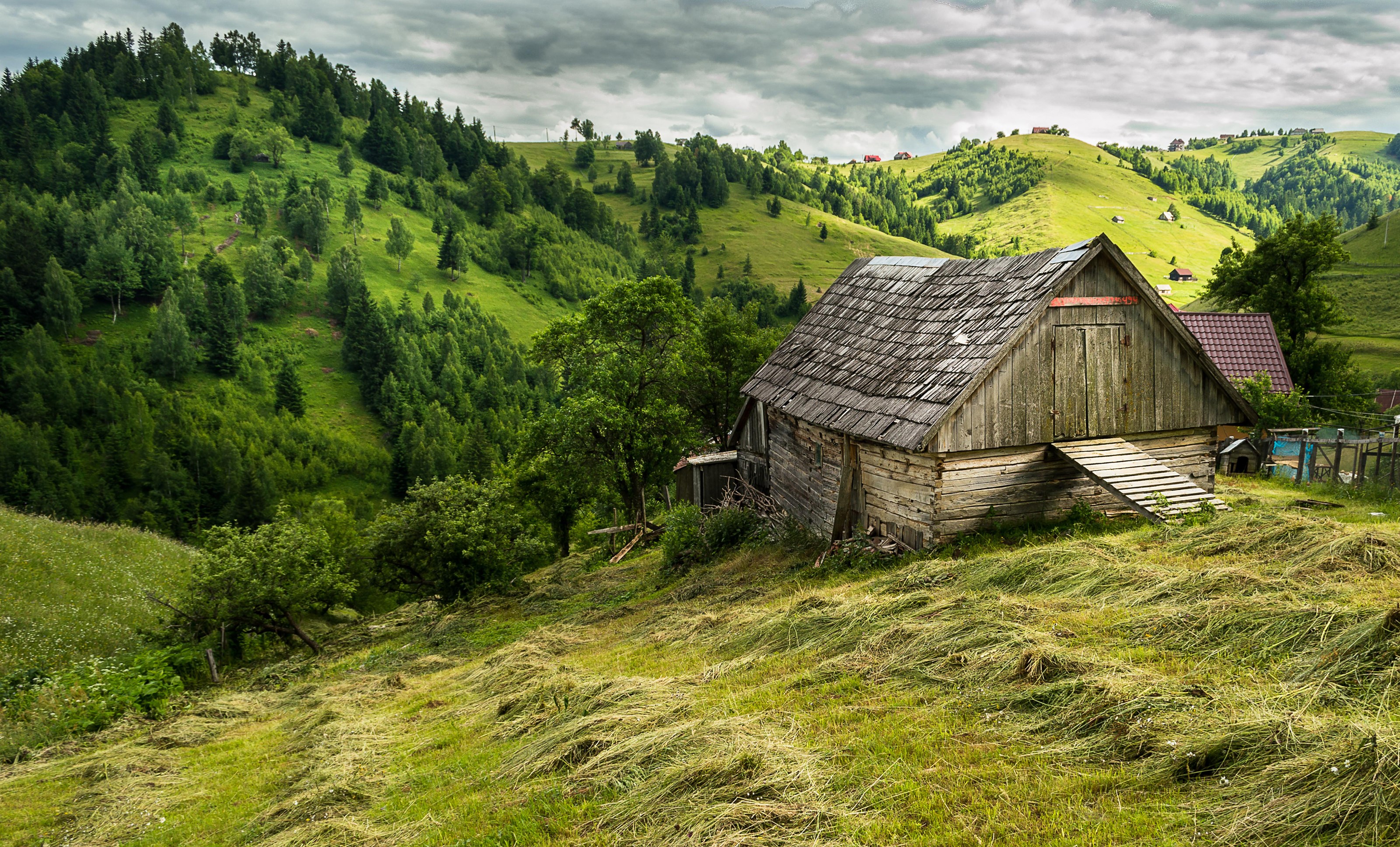 Wooden barn on a grassy hill in Brasov, Romania HD Wallpaper