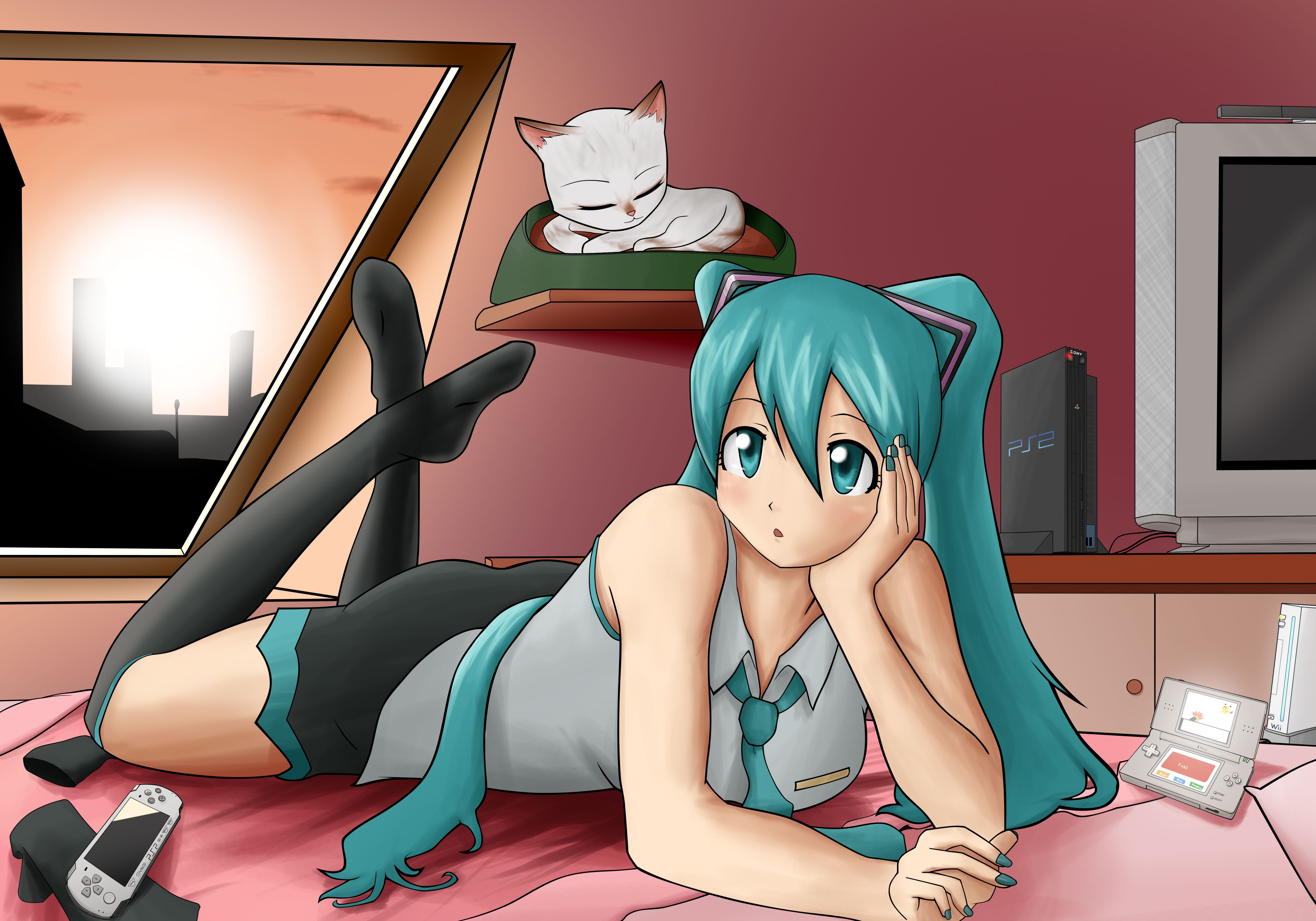 Hatsune Miku with a cat and gaming consoles HD Wallpaper