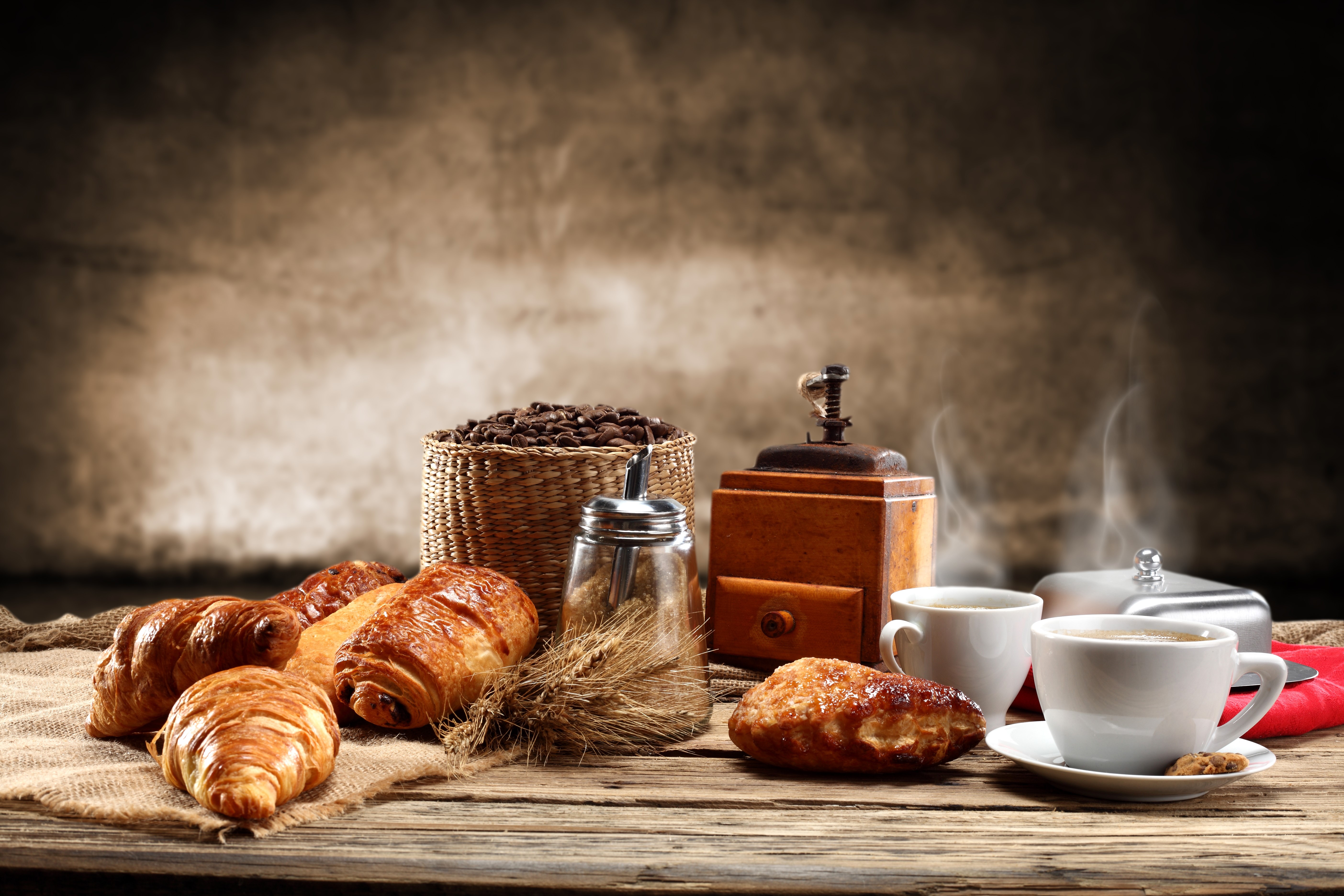 Coffee and Croissants with Coffee Grinder HD Wallpaper