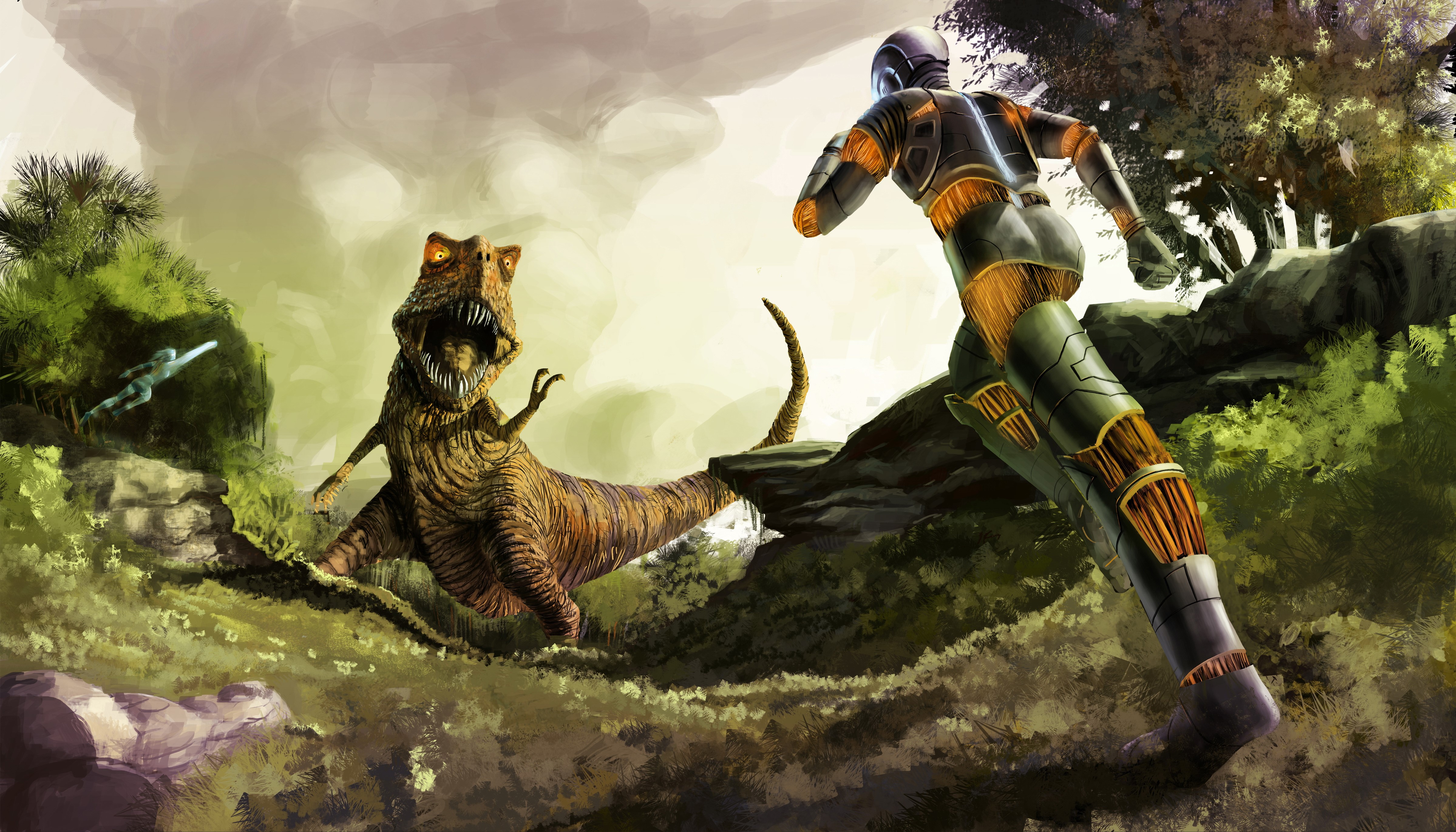 Robot fights a Tyrannosaurus Rex HD Wallpaper