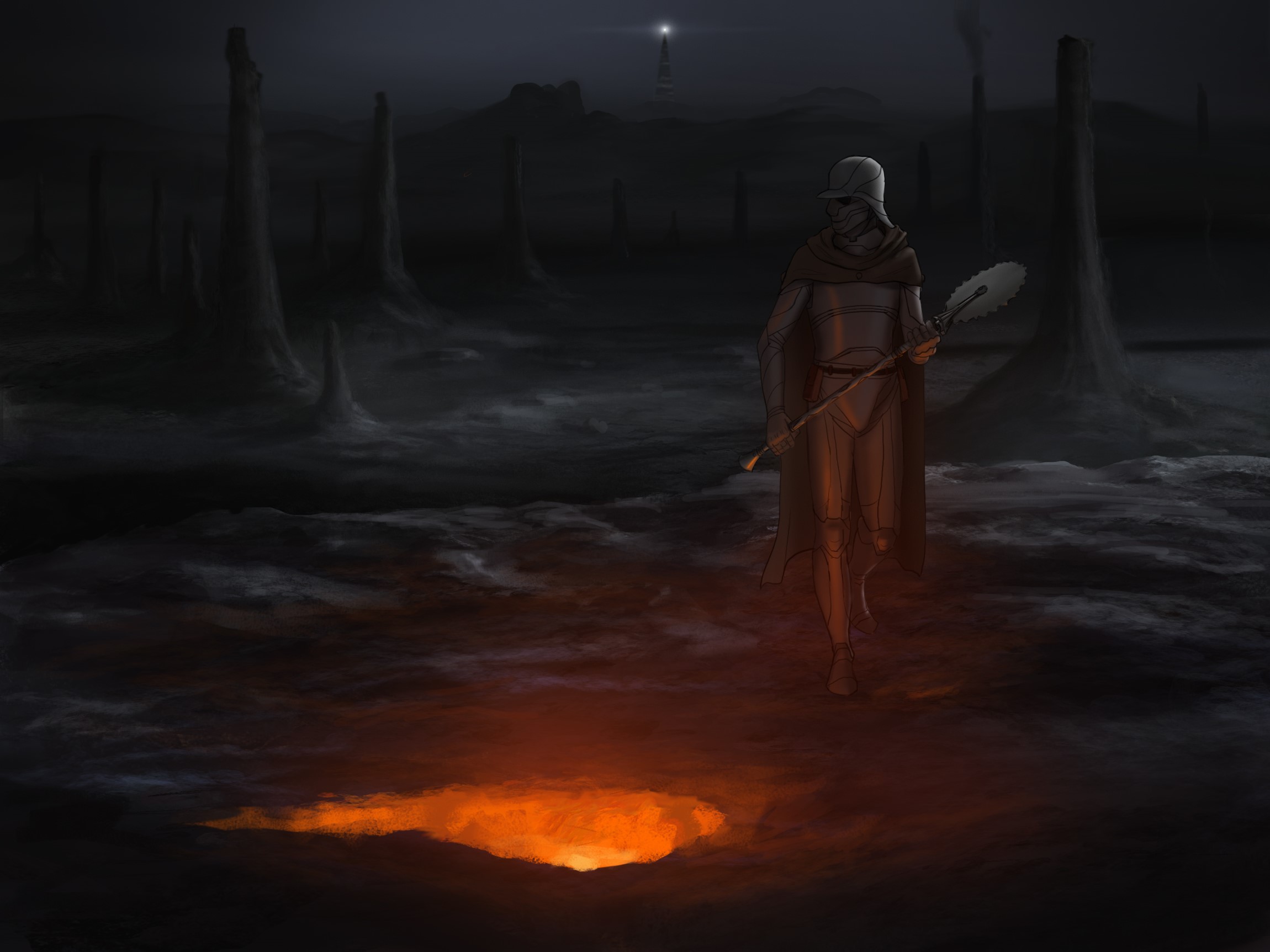 Warrior with a saw weapon in a desolate landscape HD Wallpaper