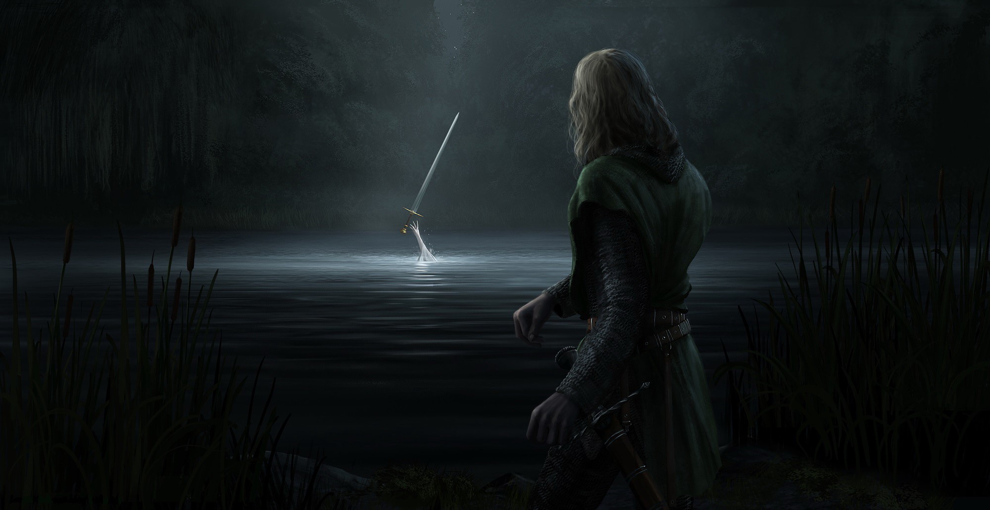 Man in green tunic reaching for a sword in a lake HD Wallpaper