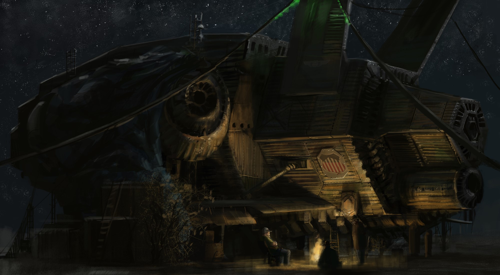 Two people by a bonfire near a large, rustic spaceship HD Wallpaper