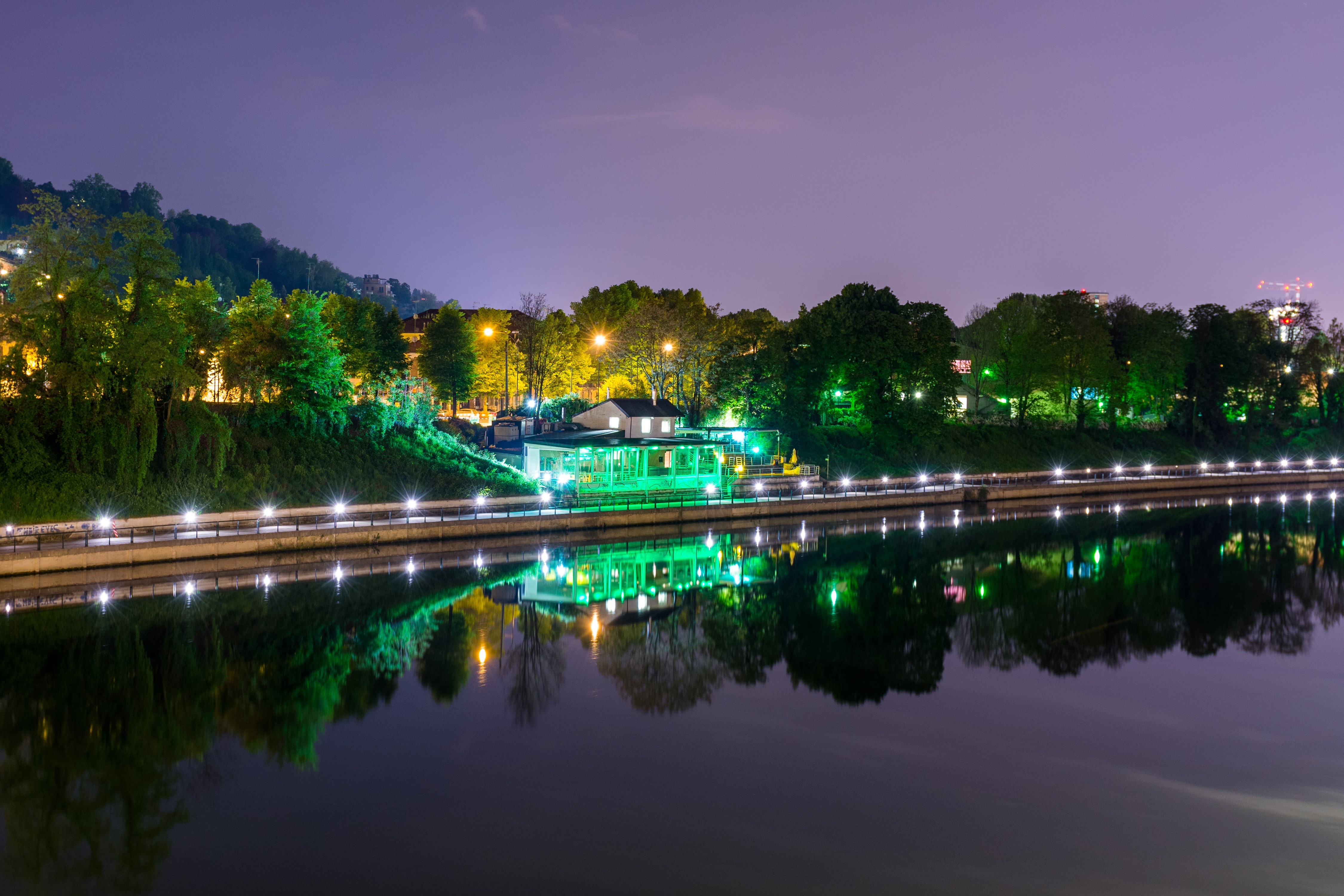 Riverfront at Night with Lights and Reflections in Turin, Italy HD Wallpaper