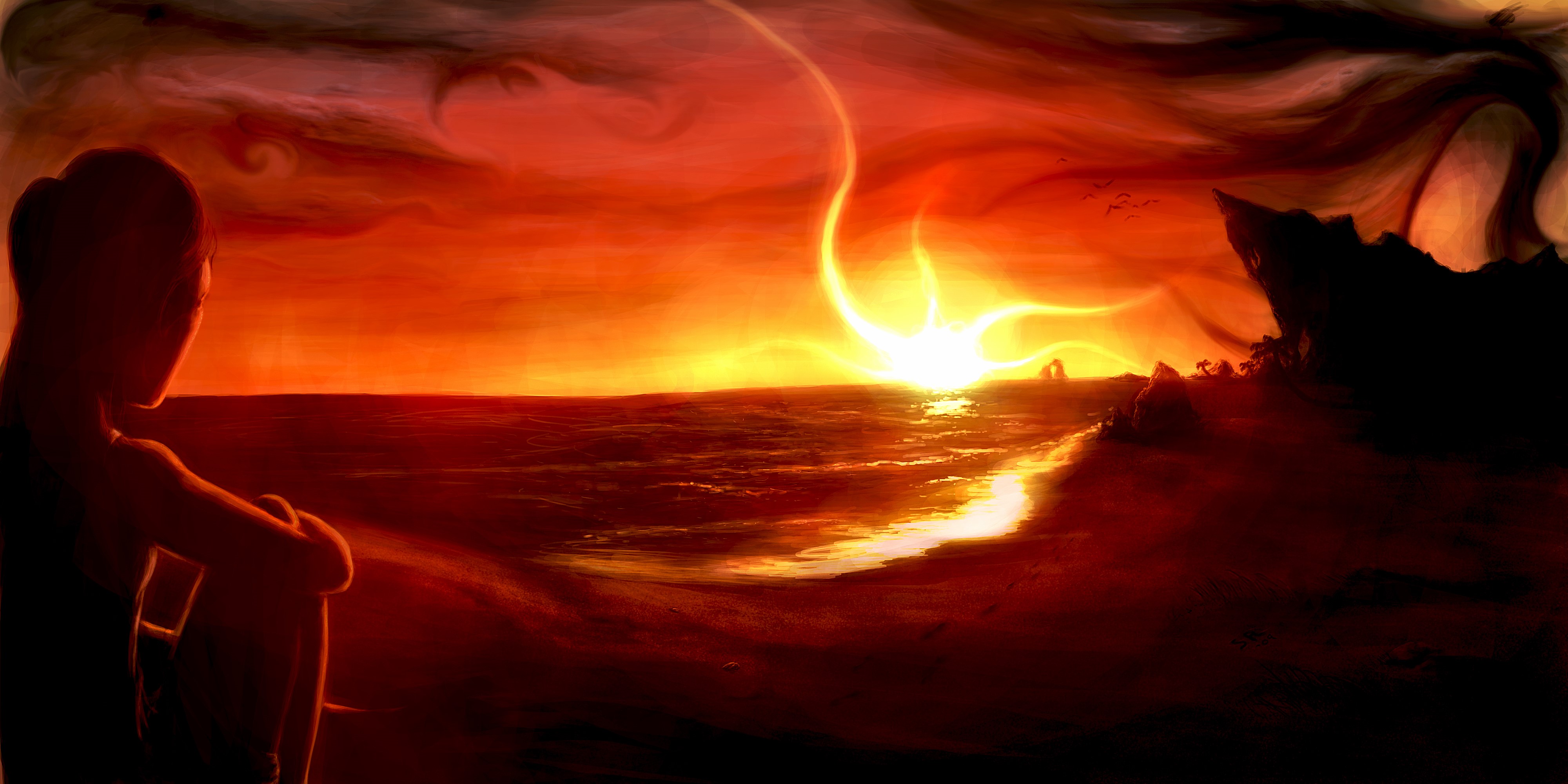 Silhouette of a person watching a dramatic sunset over the ocean HD Wallpaper