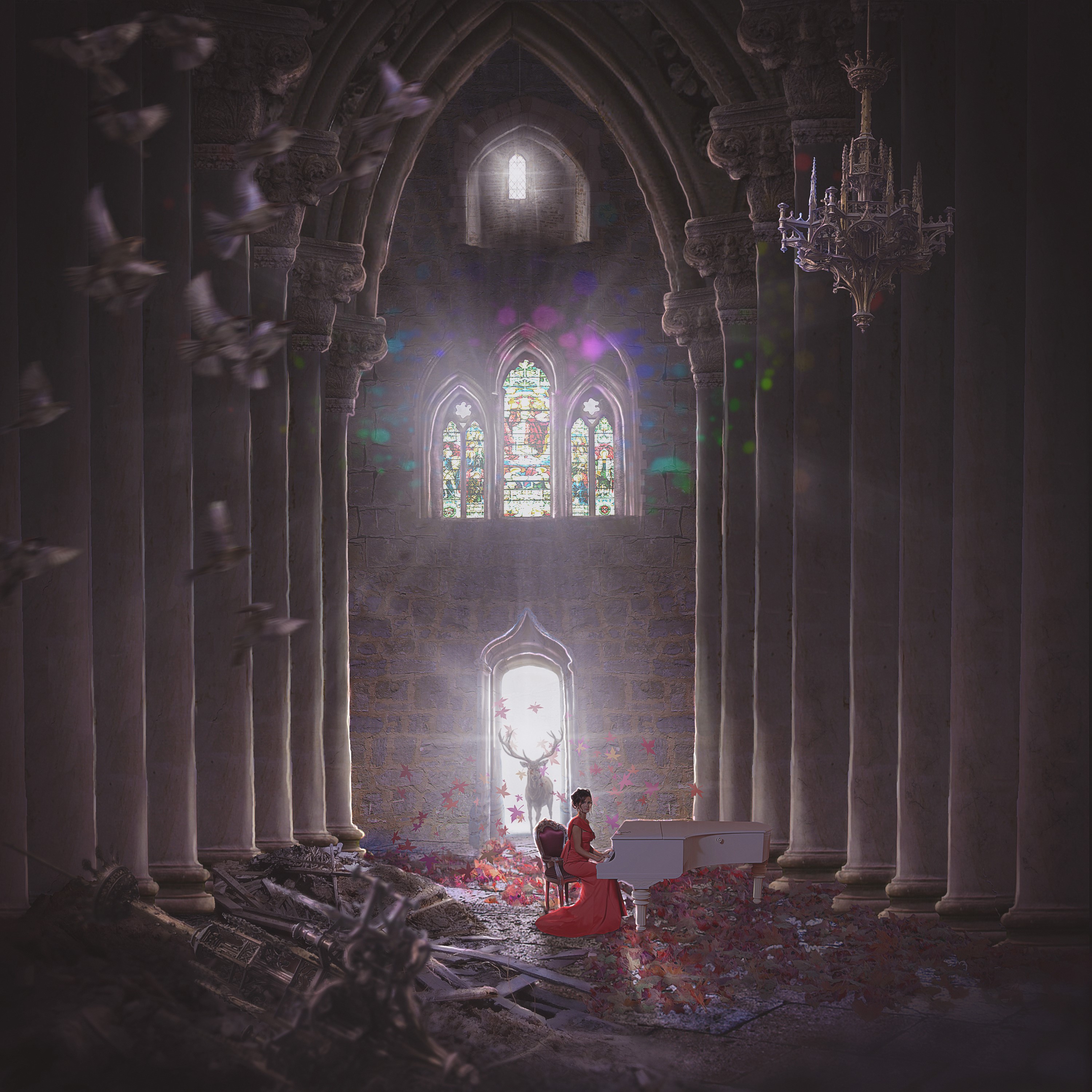 Woman playing piano in ruined temple with deer HD Wallpaper