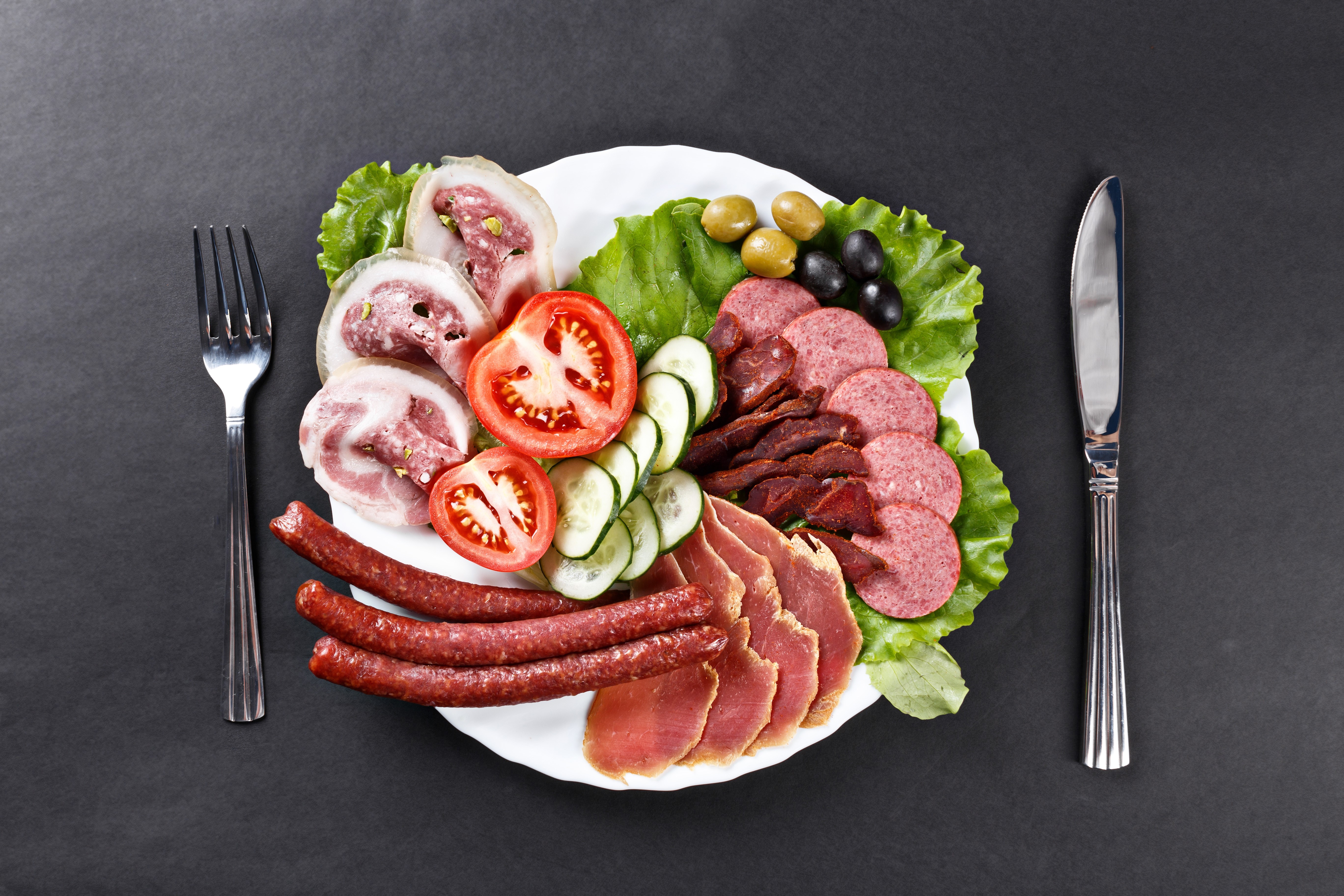 Sausage, Ham, and Vegetable Platter with Fork and Knife HD Wallpaper