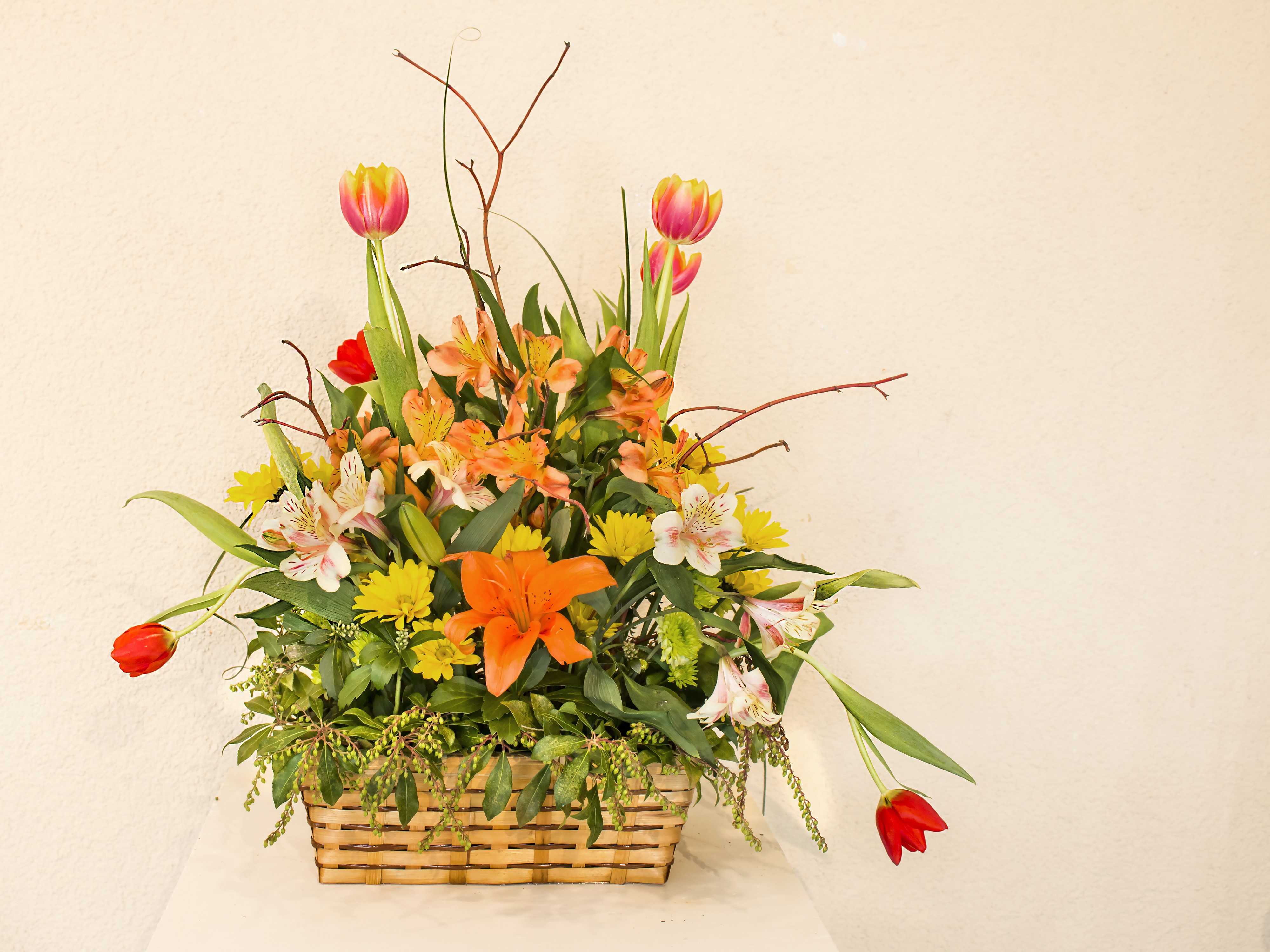 Bouquet of Alstroemeria and Tulips in Wicker Basket HD Wallpaper