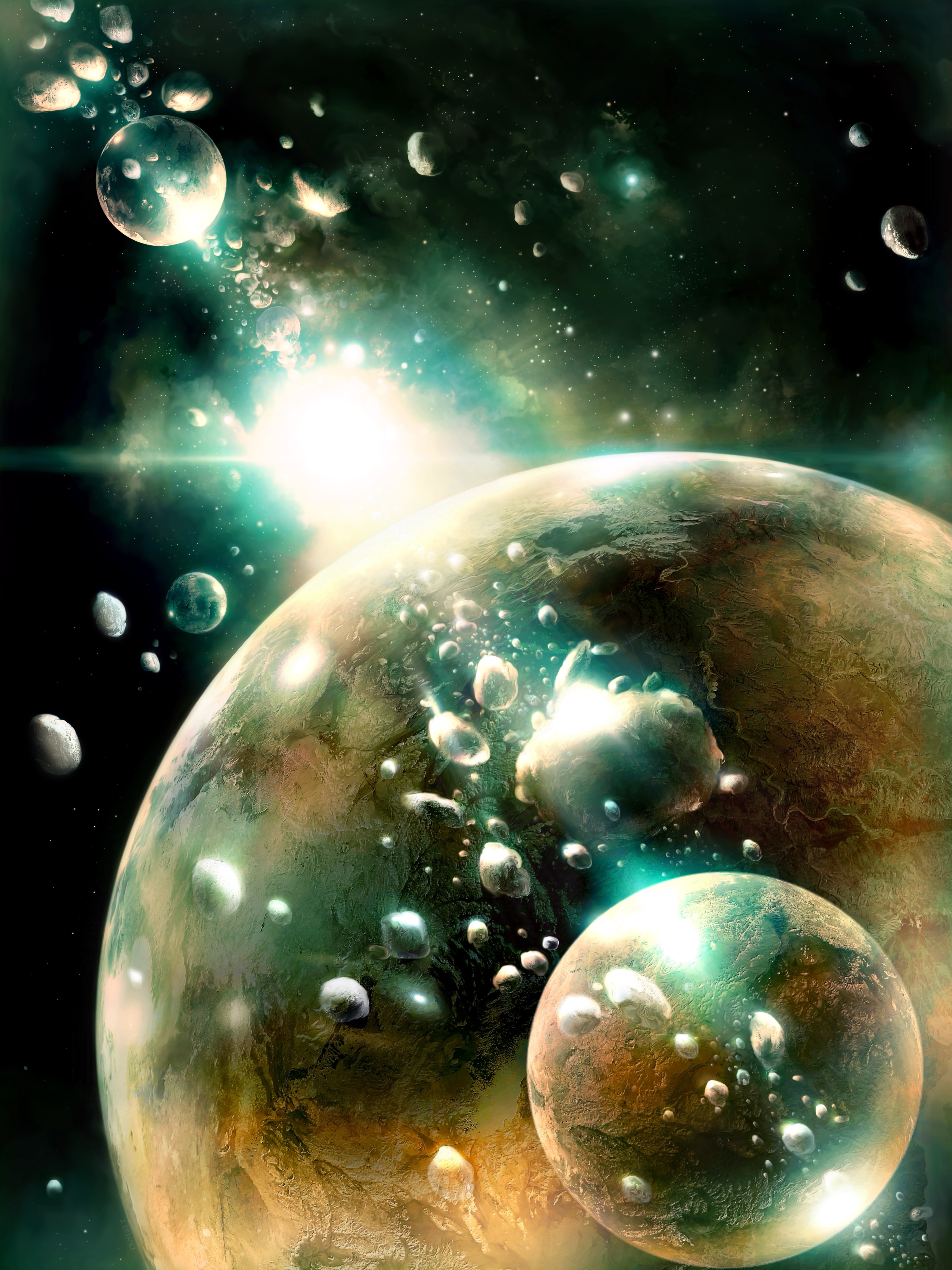 Planets and asteroids in space with bright light HD Phone Wallpaper