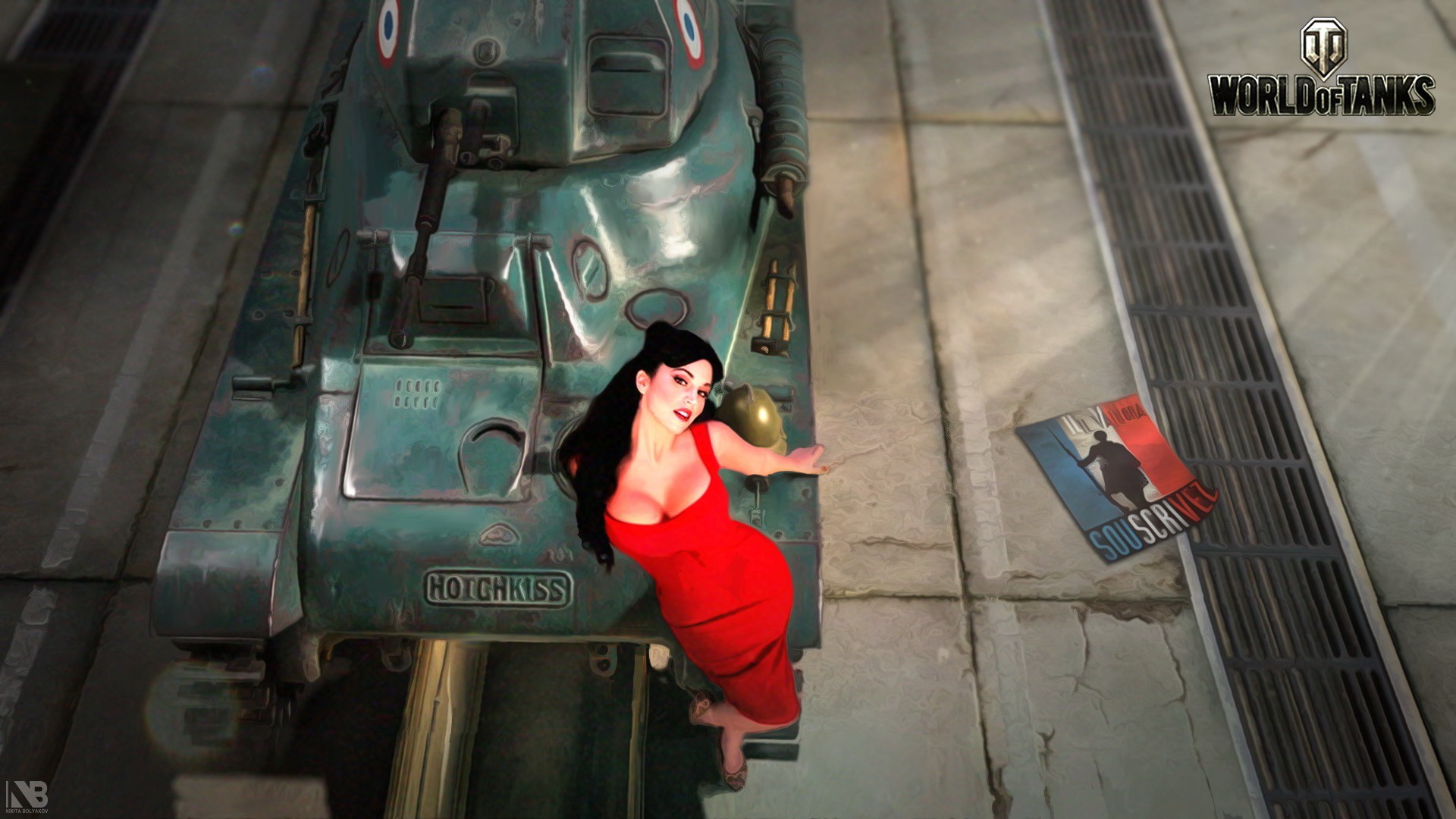 Woman in red dress with Hotchkiss H35 tank in World of Tanks HD Wallpaper