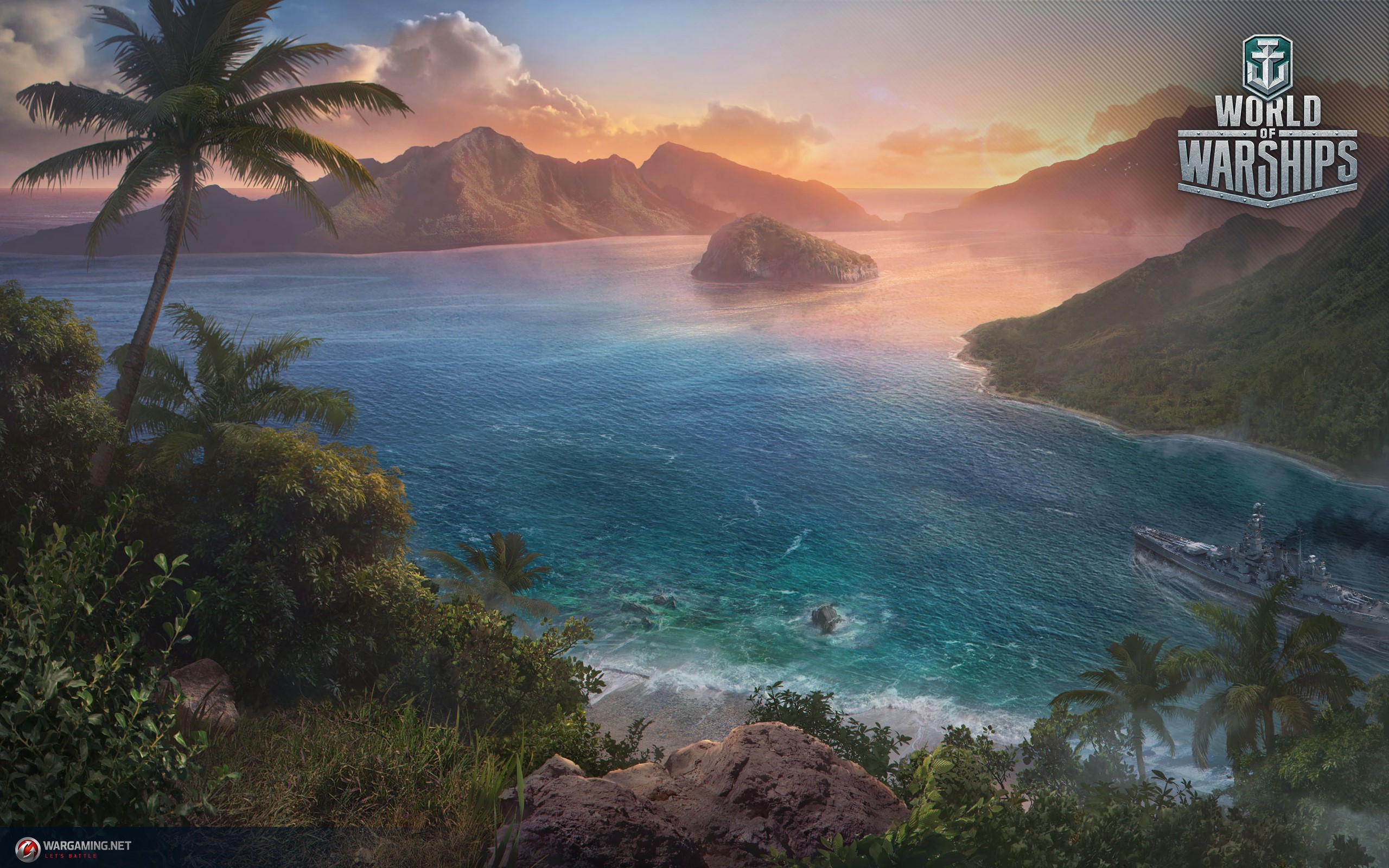 World of Warships island landscape with mountains and ship HD Wallpaper