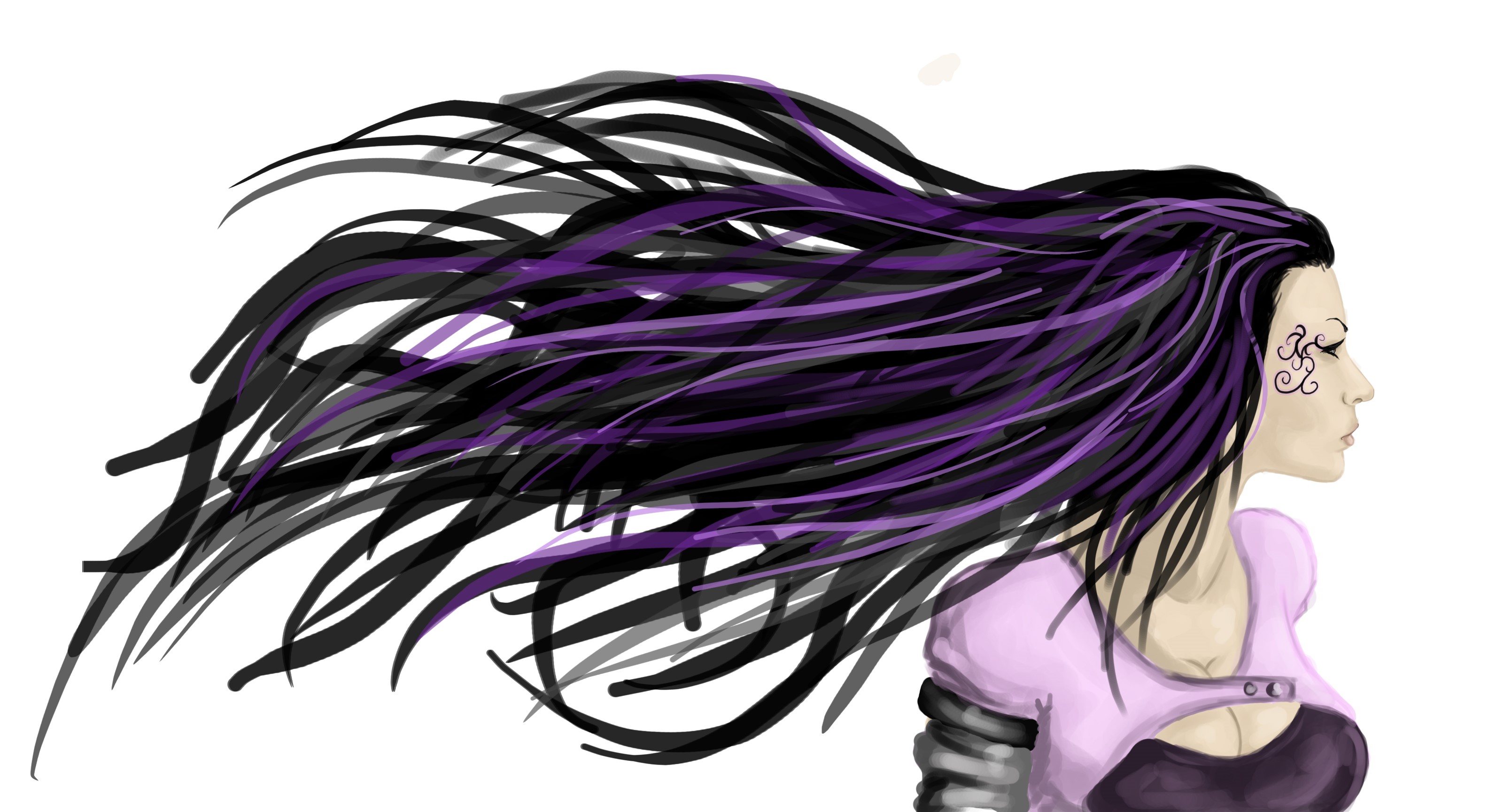 Painting of a woman with long black and purple hair HD Wallpaper