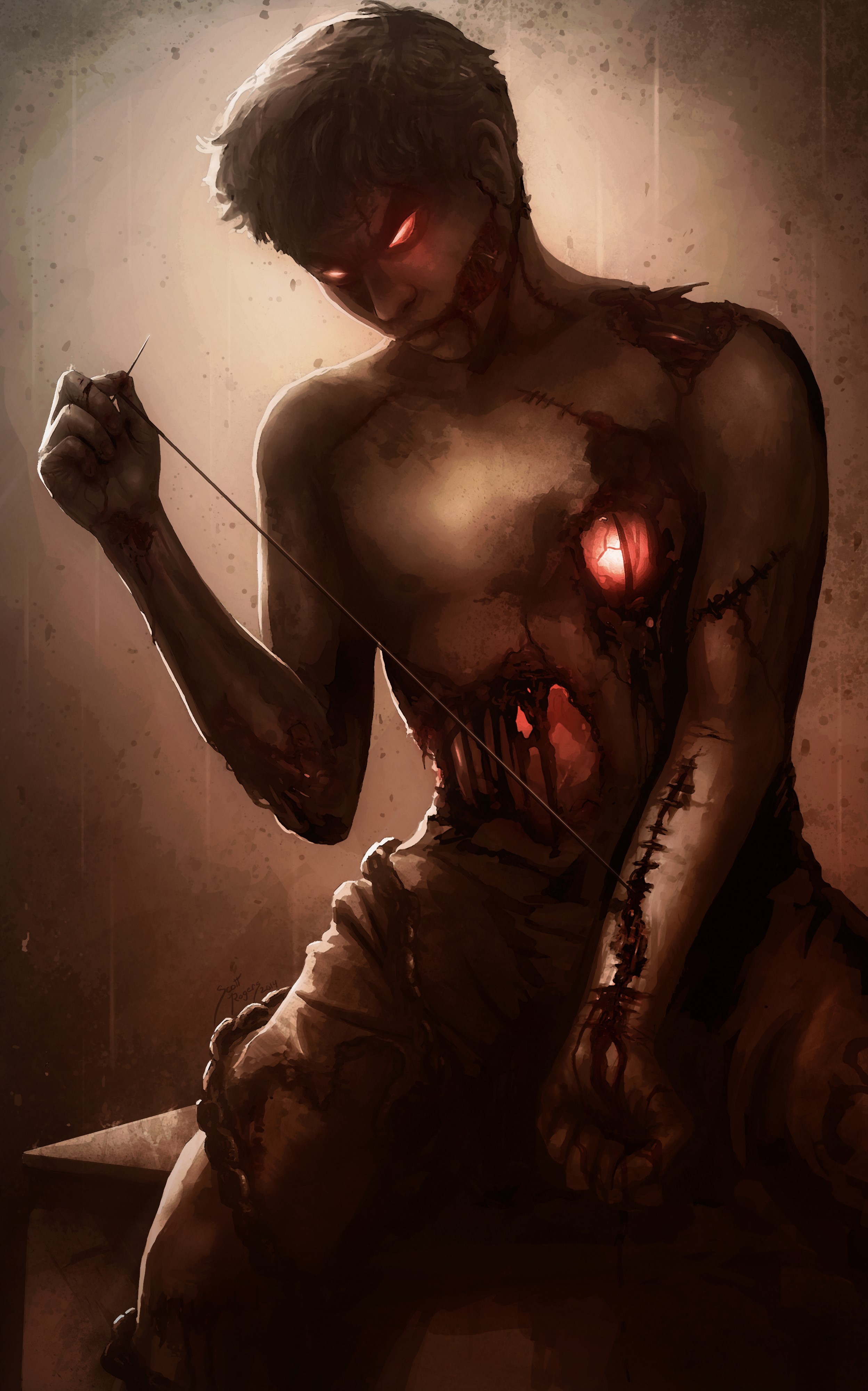 A stitched-together monster sewing its chest open HD Phone Wallpaper
